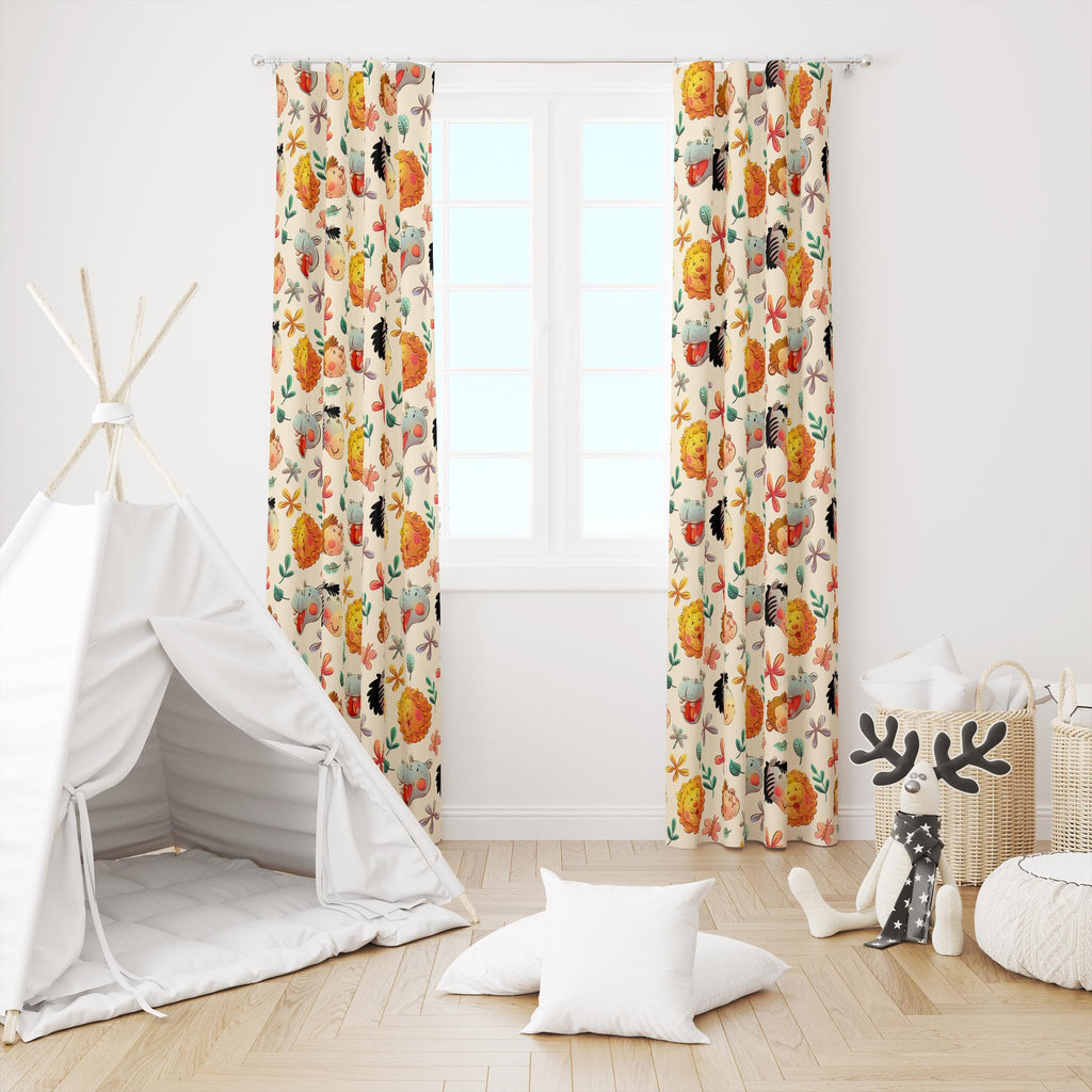 Cute Animals Print Curtain, Kids Room Drapes, Cute Safari Nursery Curtain, Cartoon Animal Art Window Curtain Panels, Toddler Print Drapes,
