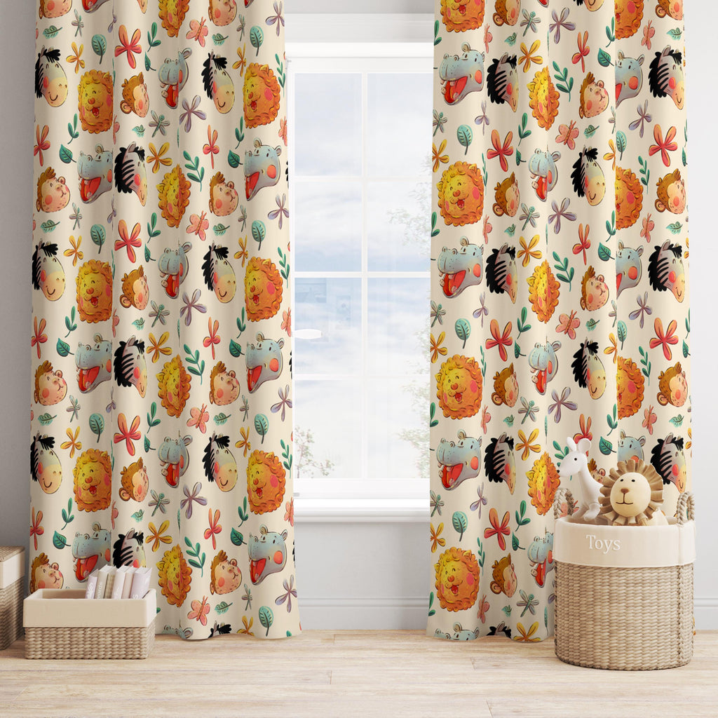 Cute Animals Print Curtain, Kids Room Drapes, Cute Safari Nursery Curtain, Cartoon Animal Art Window Curtain Panels, Toddler Print Drapes,