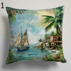 Tropical Sailboat Pillow Covers, Coastal Summer Home Decor, Beach House Throw Pillows, Seaside Scene Cushion Covers, Palm Tree Pillowcases