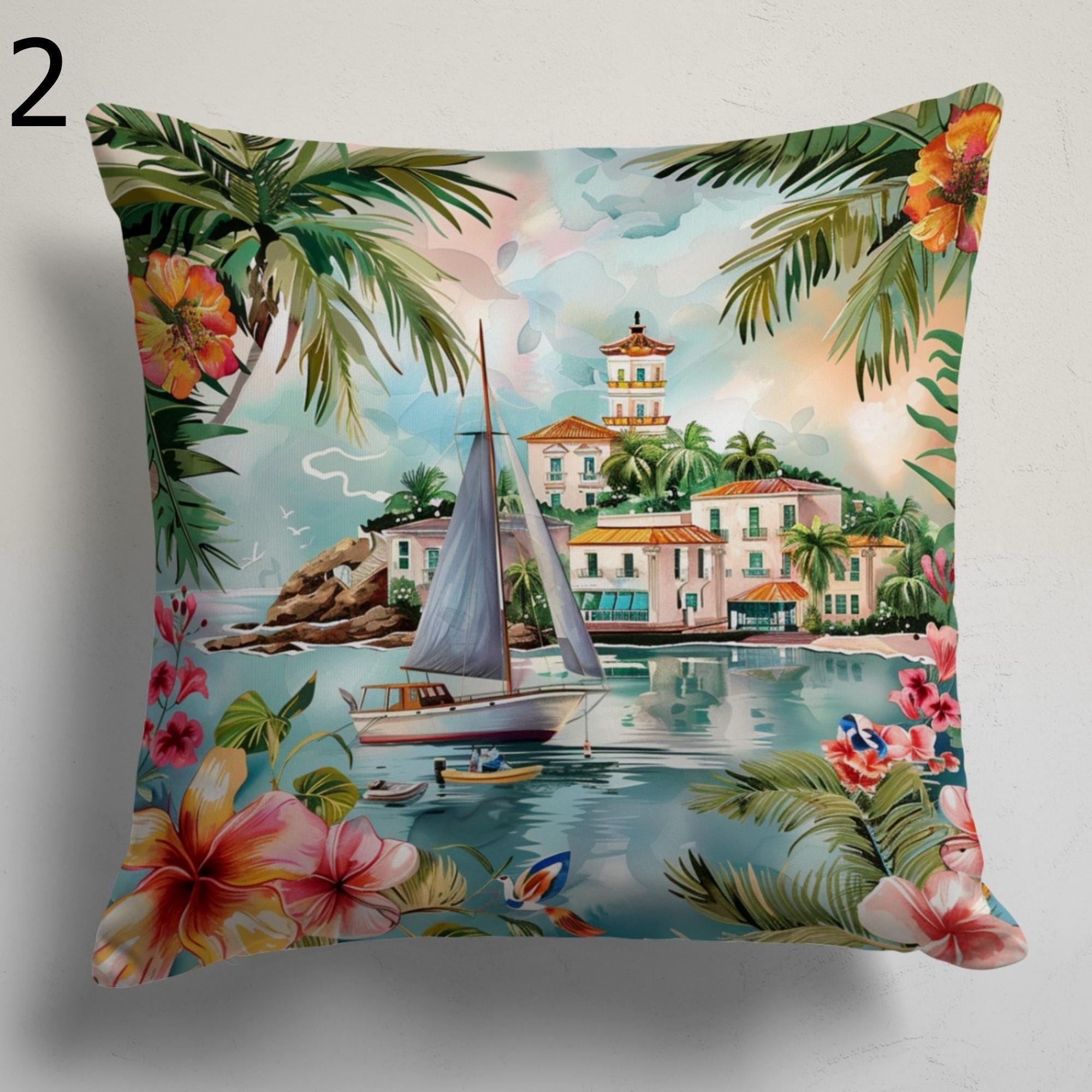 Tropical Sailboat Pillow Covers, Coastal Summer Home Decor, Beach House Throw Pillows, Seaside Scene Cushion Covers, Palm Tree Pillowcases