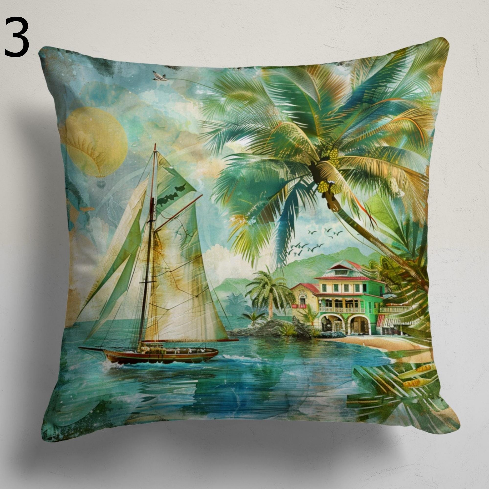 Tropical Sailboat Pillow Covers, Coastal Summer Home Decor, Beach House Throw Pillows, Seaside Scene Cushion Covers, Palm Tree Pillowcases