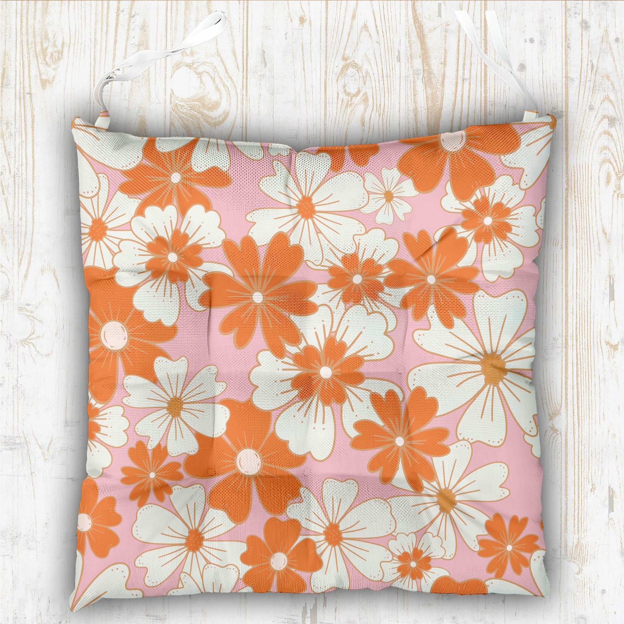 Summer Flowers Patio Chair Pad With Ties, Floral Outdoor Print Chair Cushion, Flowers Chair Pads, Colorful Floral Chair Pads with Ties