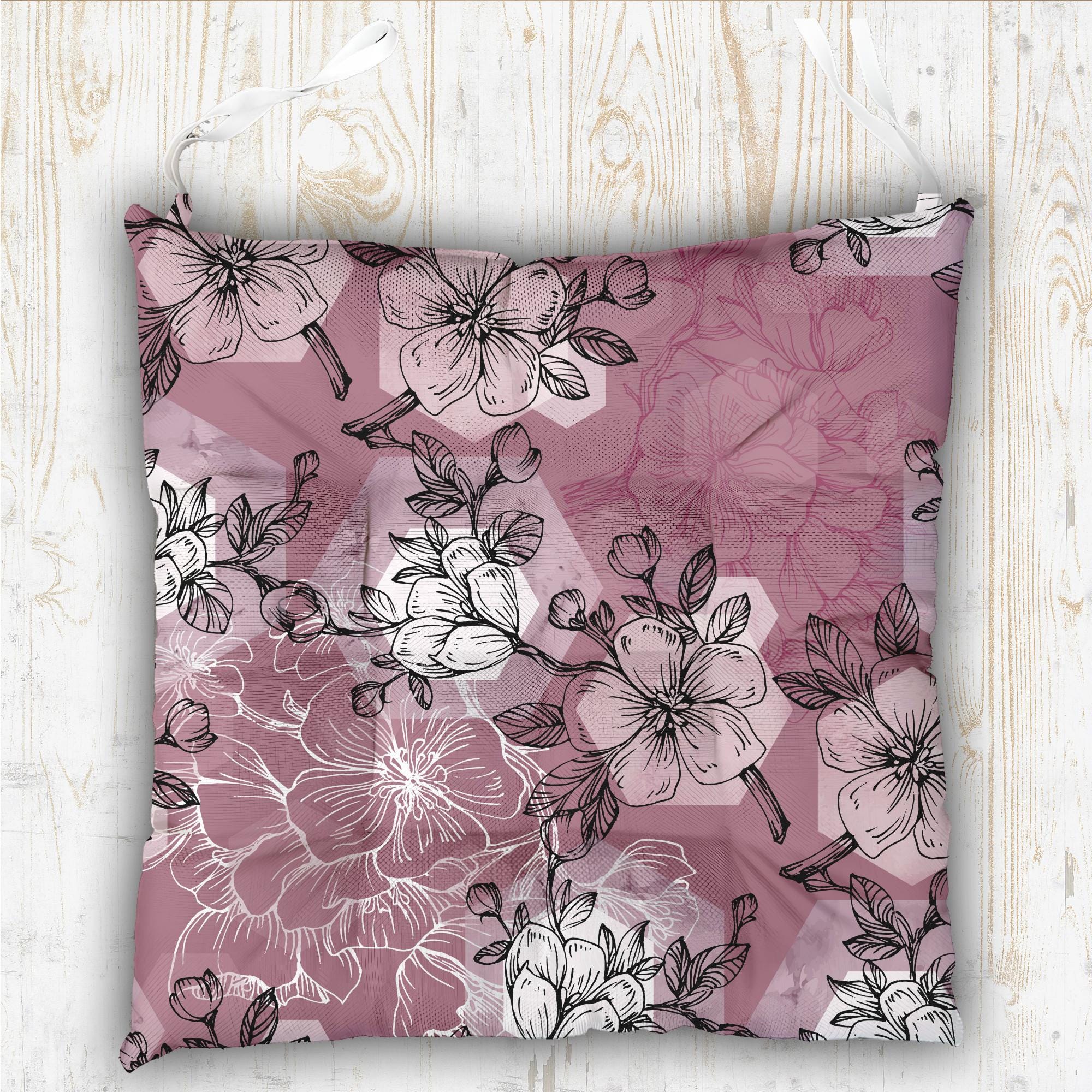 Summer Flowers Patio Chair Pad With Ties, Floral Outdoor Print Chair Cushion, Flowers Chair Pads, Colorful Floral Chair Pads with Ties