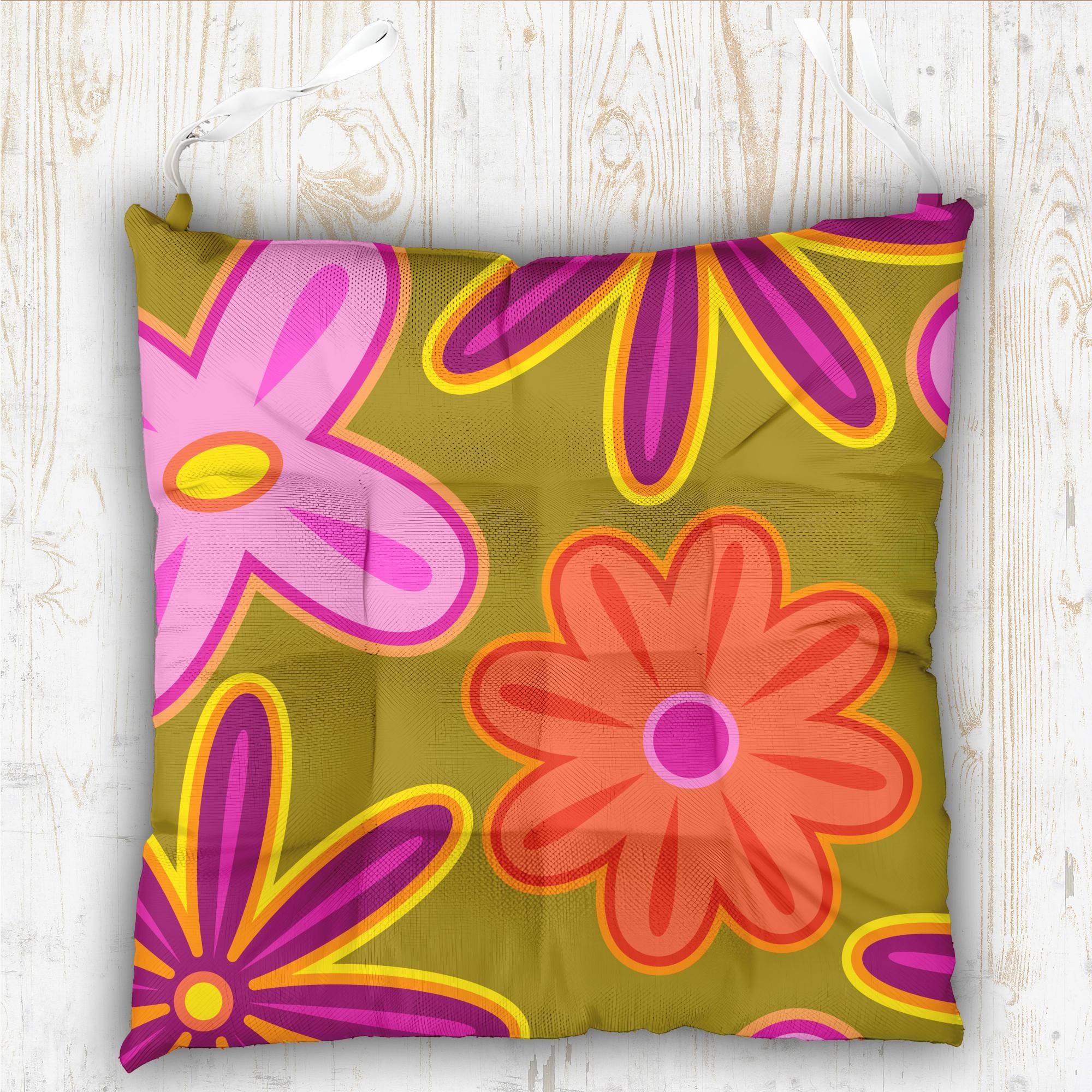 Summer Flowers Patio Chair Pad With Ties, Floral Outdoor Print Chair Cushion, Flowers Chair Pads, Colorful Floral Chair Pads with Ties