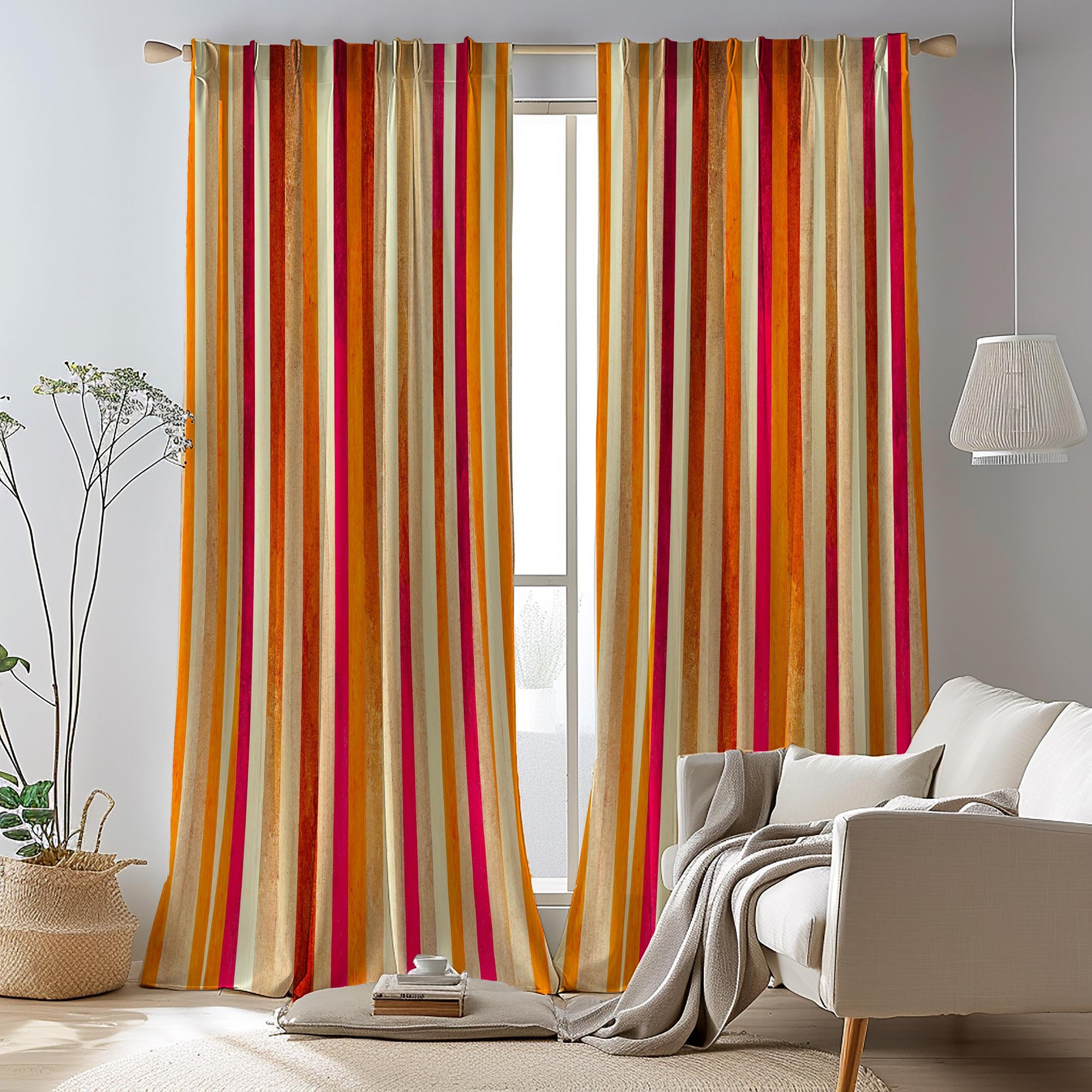 70s Style Striped Curtains, Mid Century Modern Curtain Panels, Retro Geometric Window Panels, Colorful MCM Abstract Drapes, Orange Curtains