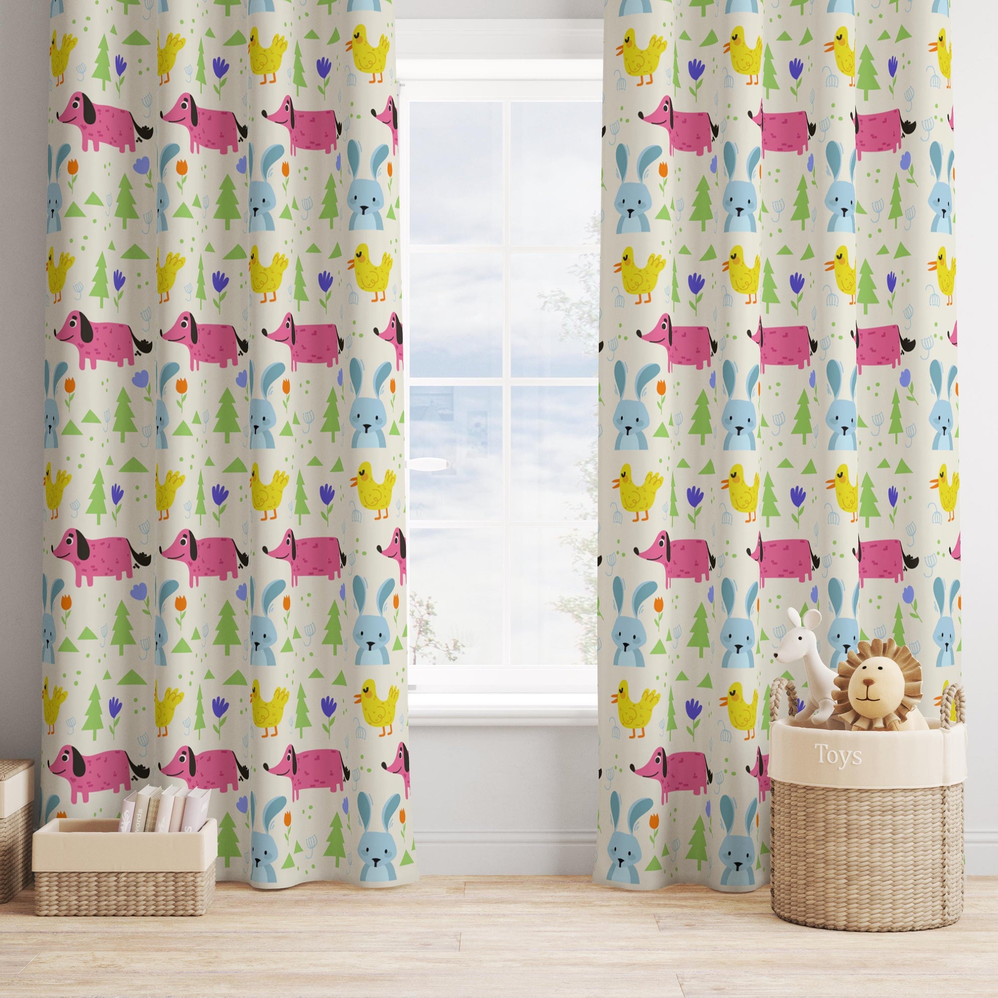Cartoon Animal Window Curtain Panels, Cute Animals Print Curtain, Kids Room Drapes, Toddler Print Drapes, Cute Animals Nursery Curtain