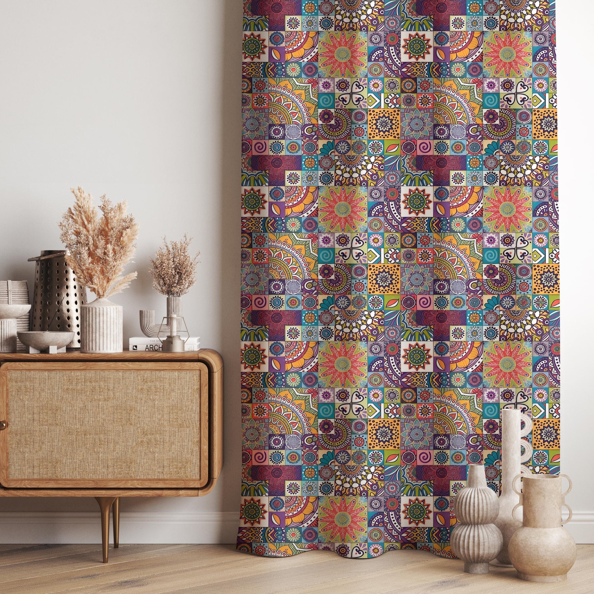 Boho Patchwork Curtain Panel, Colorful Mandala Window Drapes, Maximalist Bohemian Tapestry Curtain, Vibrant Boho Window Panels
