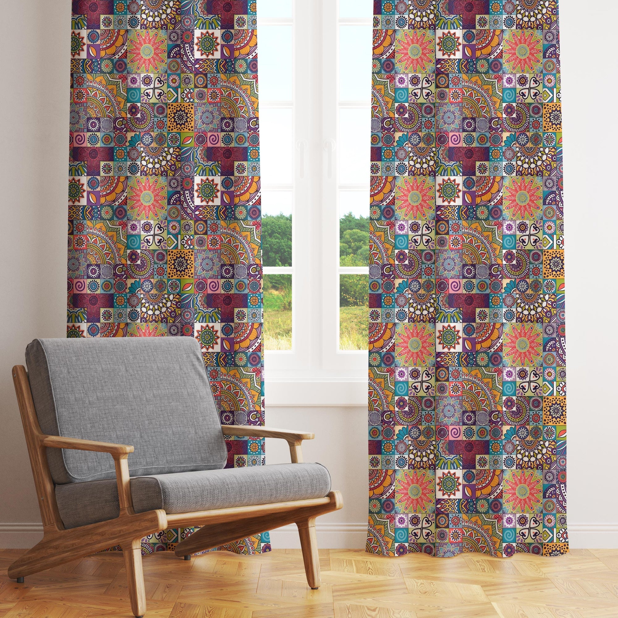 Boho Patchwork Curtain Panel, Colorful Mandala Window Drapes, Maximalist Bohemian Tapestry Curtain, Vibrant Boho Window Panels