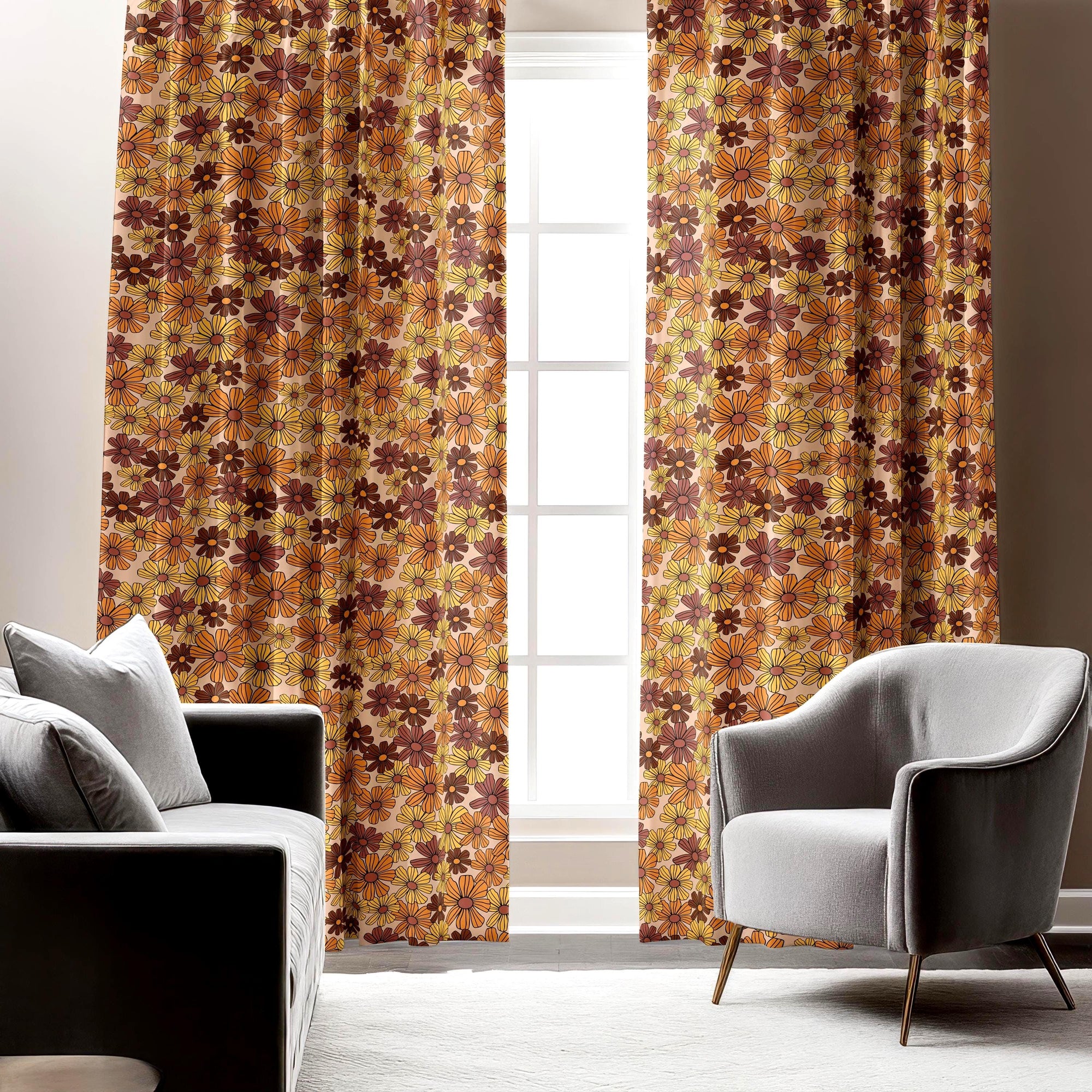 70s Style Floral Curtains, Retro Flowers Window Panels, Colorful Retro Floral Drapes, Floral Curtains, Mid Century Floral Curtain Panels