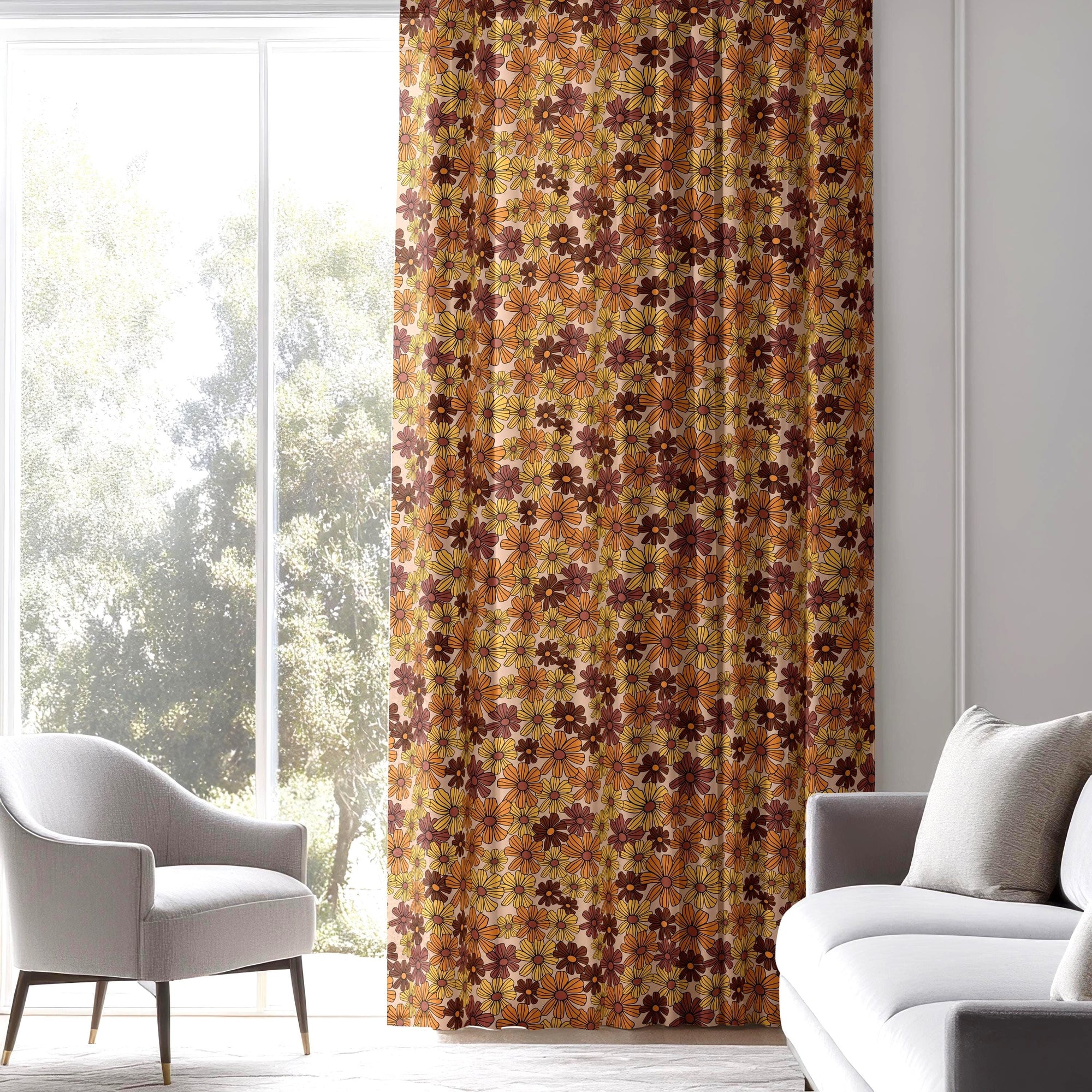 70s Style Floral Curtains, Retro Flowers Window Panels, Colorful Retro Floral Drapes, Floral Curtains, Mid Century Floral Curtain Panels