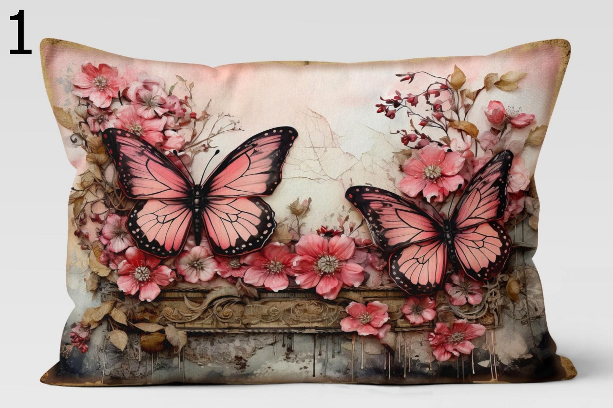 Butterfly Floral Pillow Covers, Pink Cherry Blossom Cushion Covers, Romantic Spring Throw Pillows, Nature Art Decorative Pillowcase