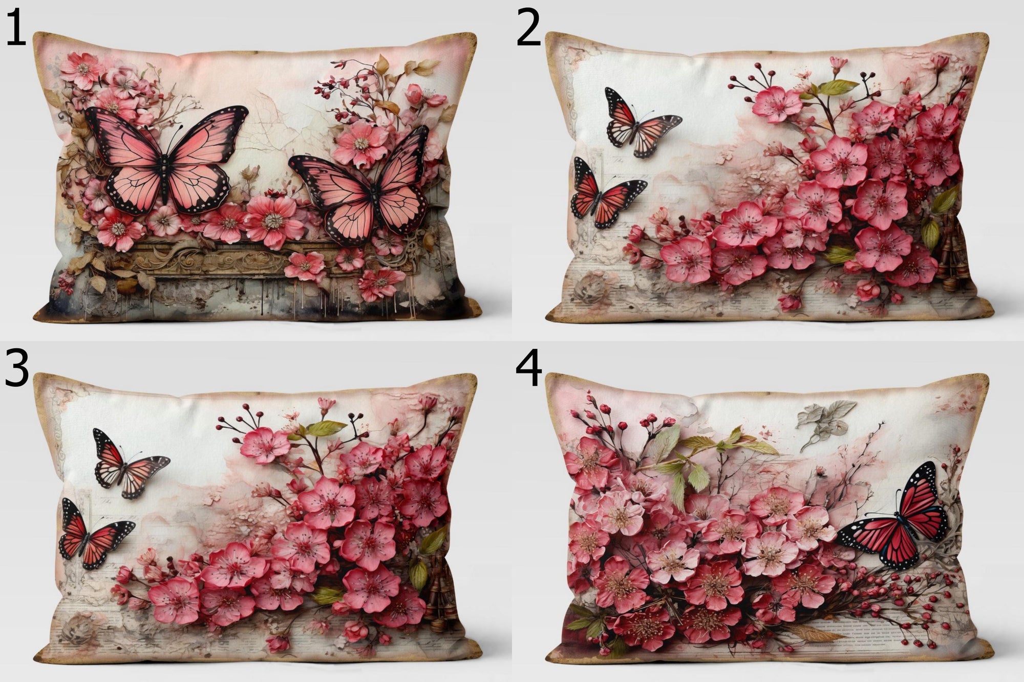 Butterfly Floral Pillow Covers, Pink Cherry Blossom Cushion Covers, Romantic Spring Throw Pillows, Nature Art Decorative Pillowcase