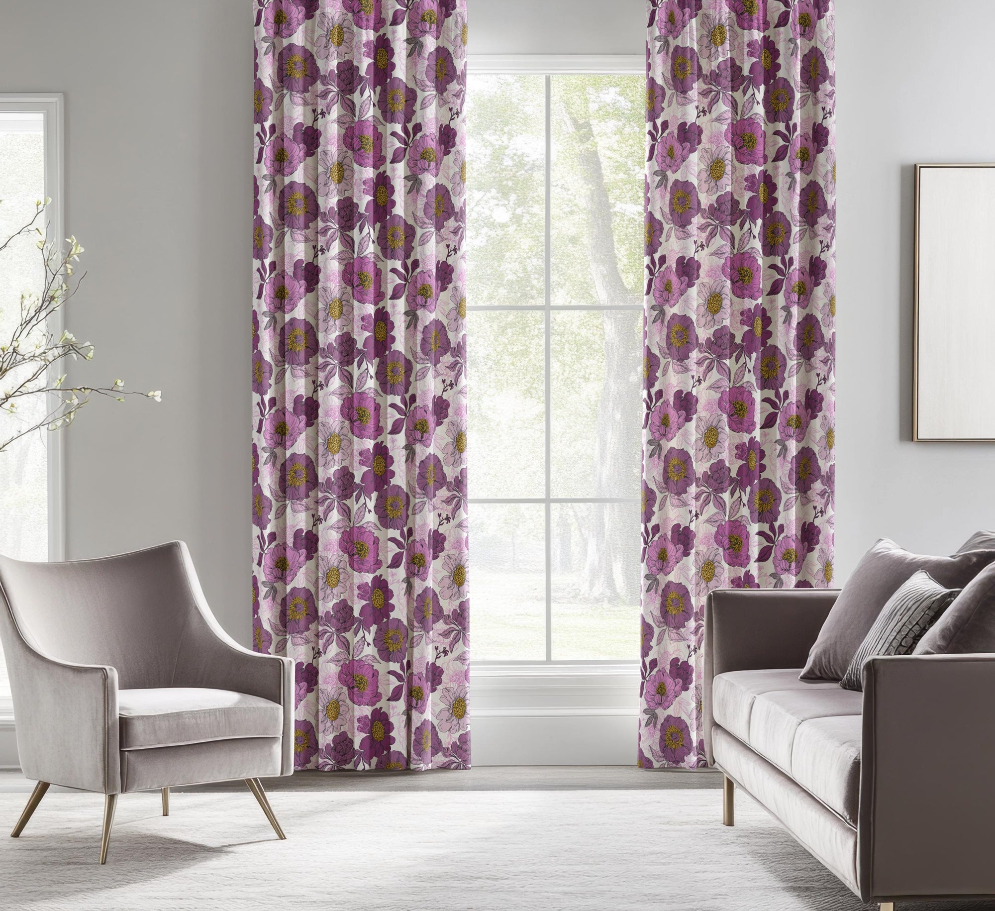 Floral Print Curtains, Purple Floral Curtains, Flowers Window Curtain Panels, Colorful Floral Drapes, Floral Curtain Panels, Purple Curtains