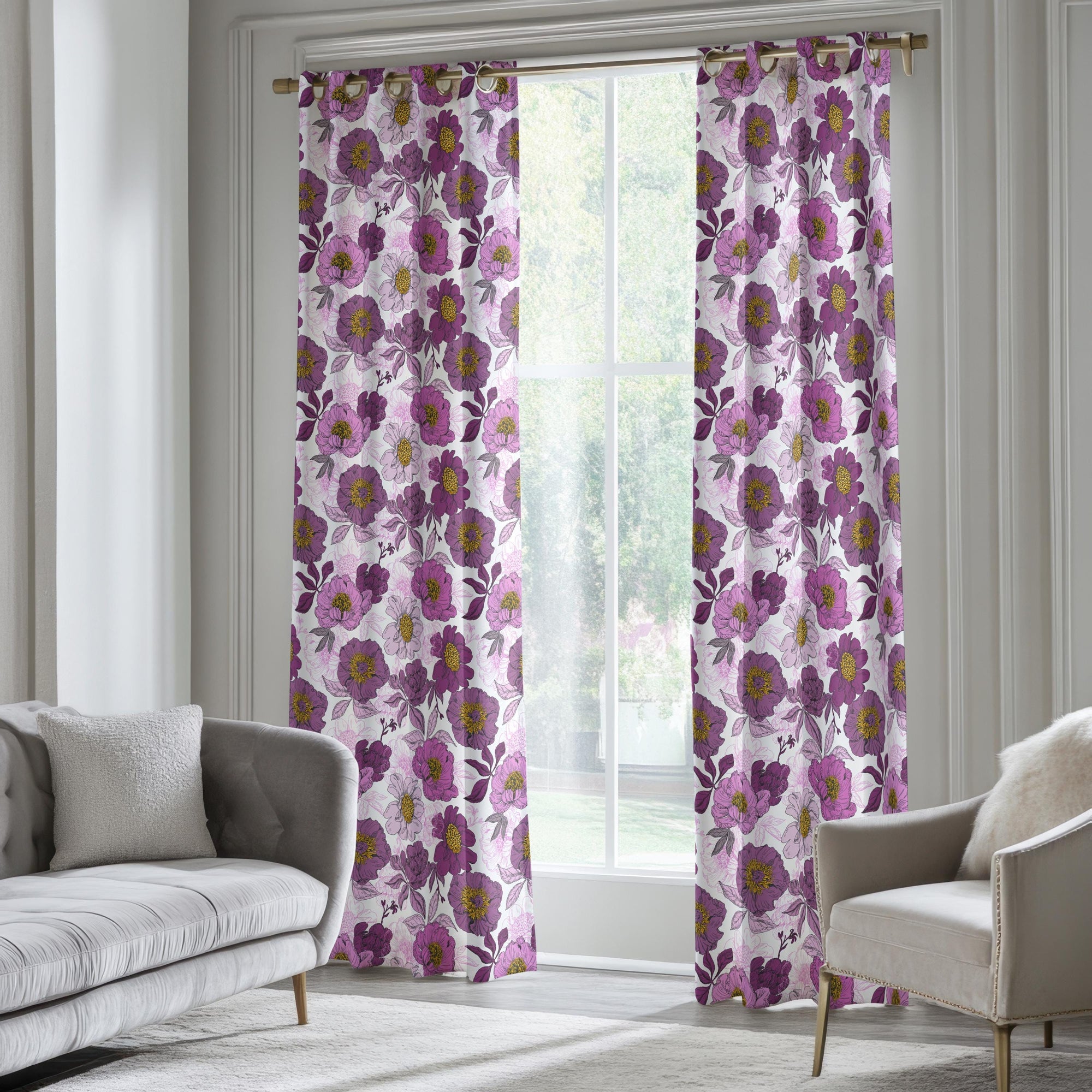 Floral Print Curtains, Purple Floral Curtains, Flowers Window Curtain Panels, Colorful Floral Drapes, Floral Curtain Panels, Purple Curtains