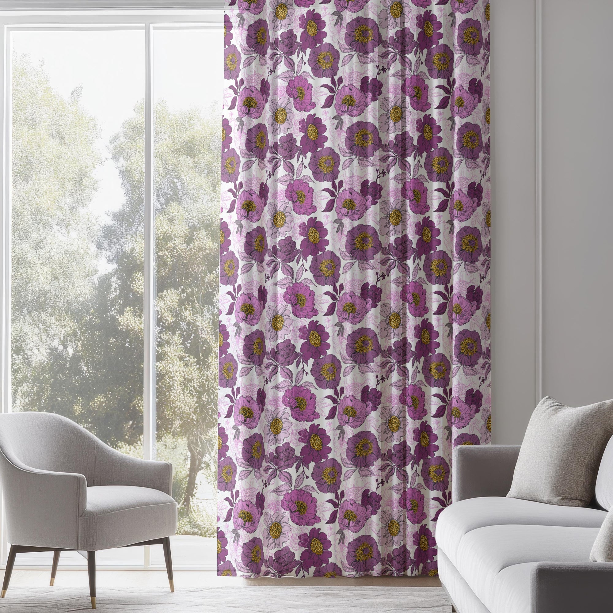 Floral Print Curtains, Purple Floral Curtains, Flowers Window Curtain Panels, Colorful Floral Drapes, Floral Curtain Panels, Purple Curtains