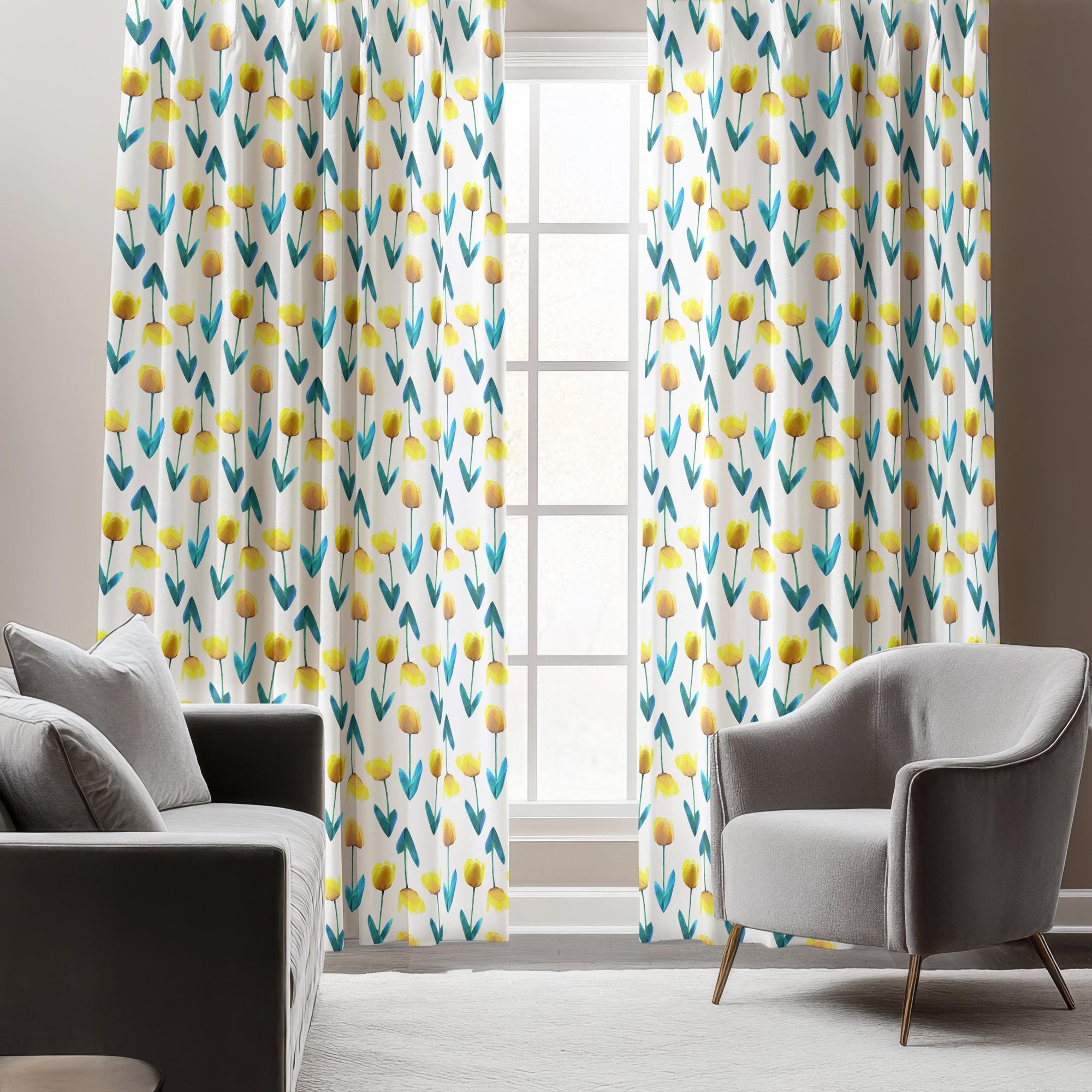 Floral Curtains, Tulip Curtains, Yellow Flowers Window Curtain Panels, Floral Drapes, Yellow Floral Print Curtain Panels, Tulip Drapes