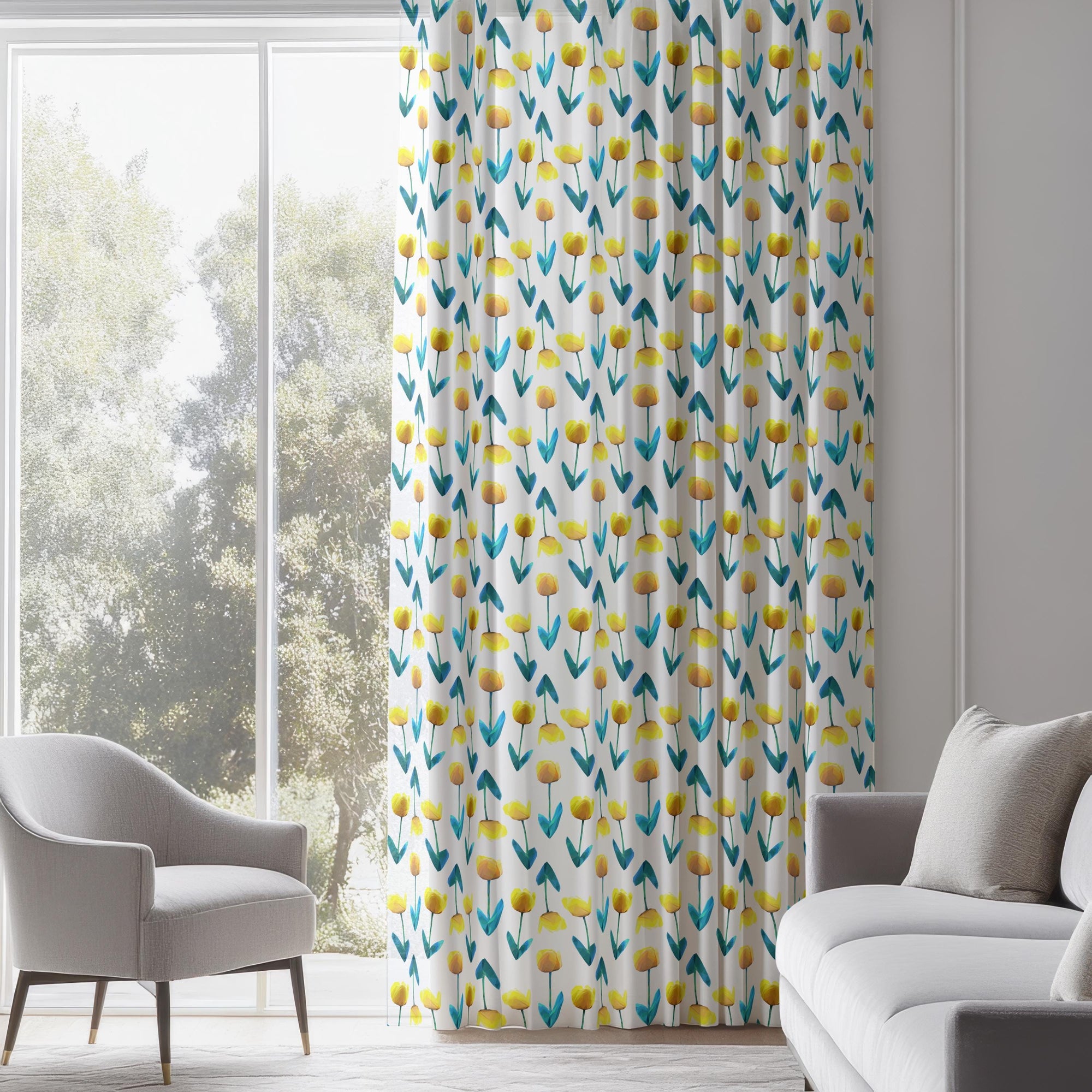 Floral Curtains, Tulip Curtains, Yellow Flowers Window Curtain Panels, Floral Drapes, Yellow Floral Print Curtain Panels, Tulip Drapes