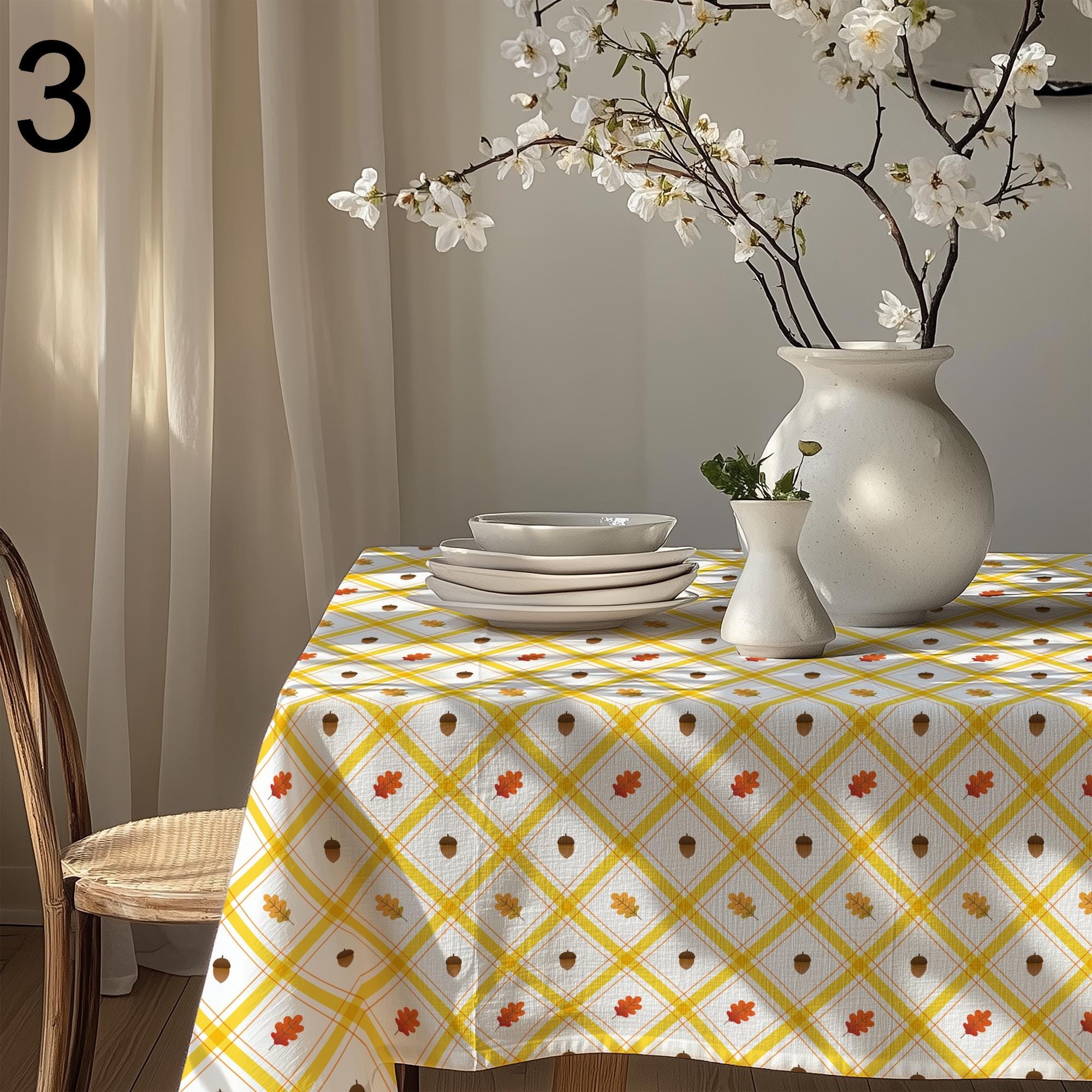 Autumn Leaf Tablecloth, Fall Acorn Table Cover, Thanksgiving Cotton Tablecloth, Harvest Kitchen Decor, Autumn Maple Leaves Table Linen