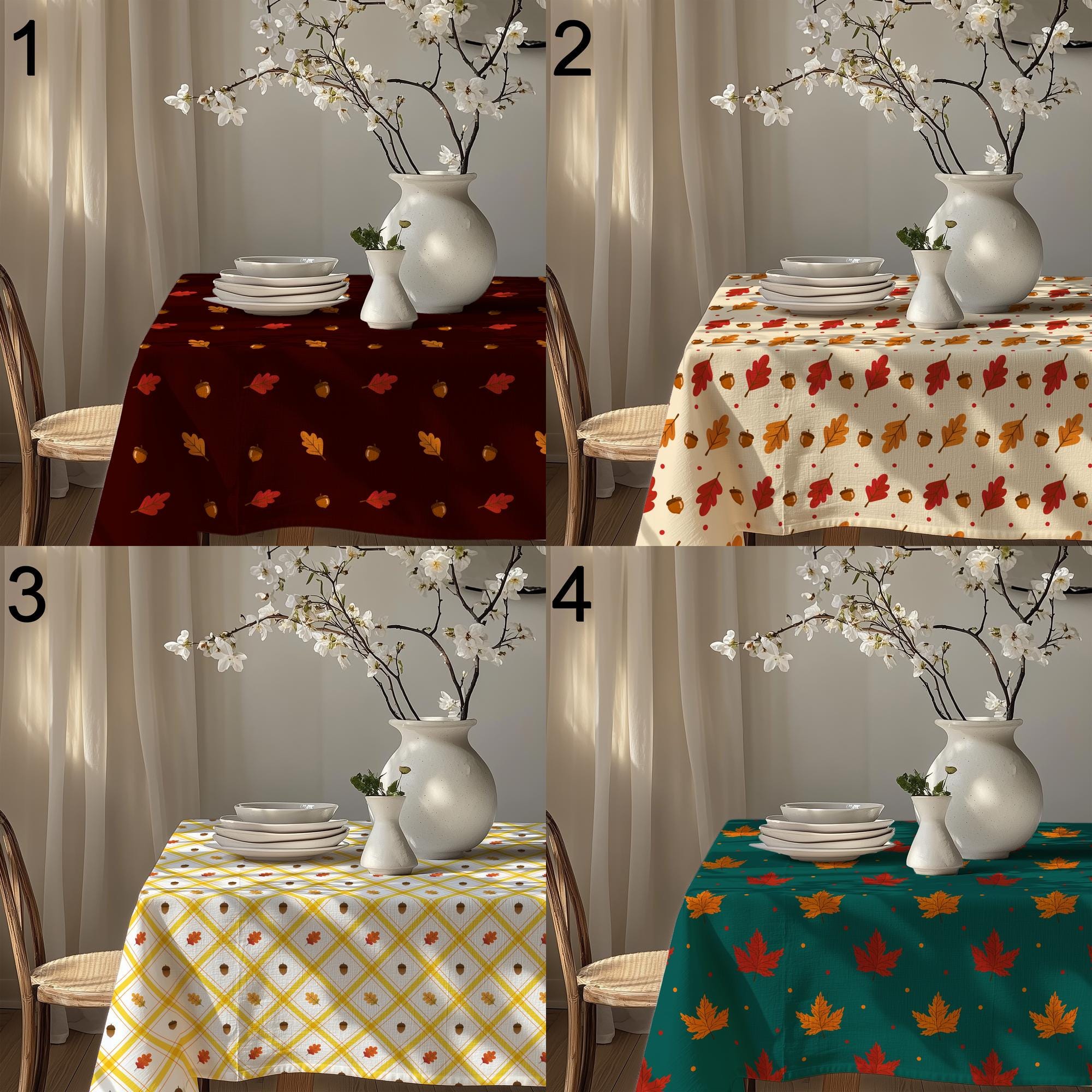 Autumn Leaf Tablecloth, Fall Acorn Table Cover, Thanksgiving Cotton Tablecloth, Harvest Kitchen Decor, Autumn Maple Leaves Table Linen