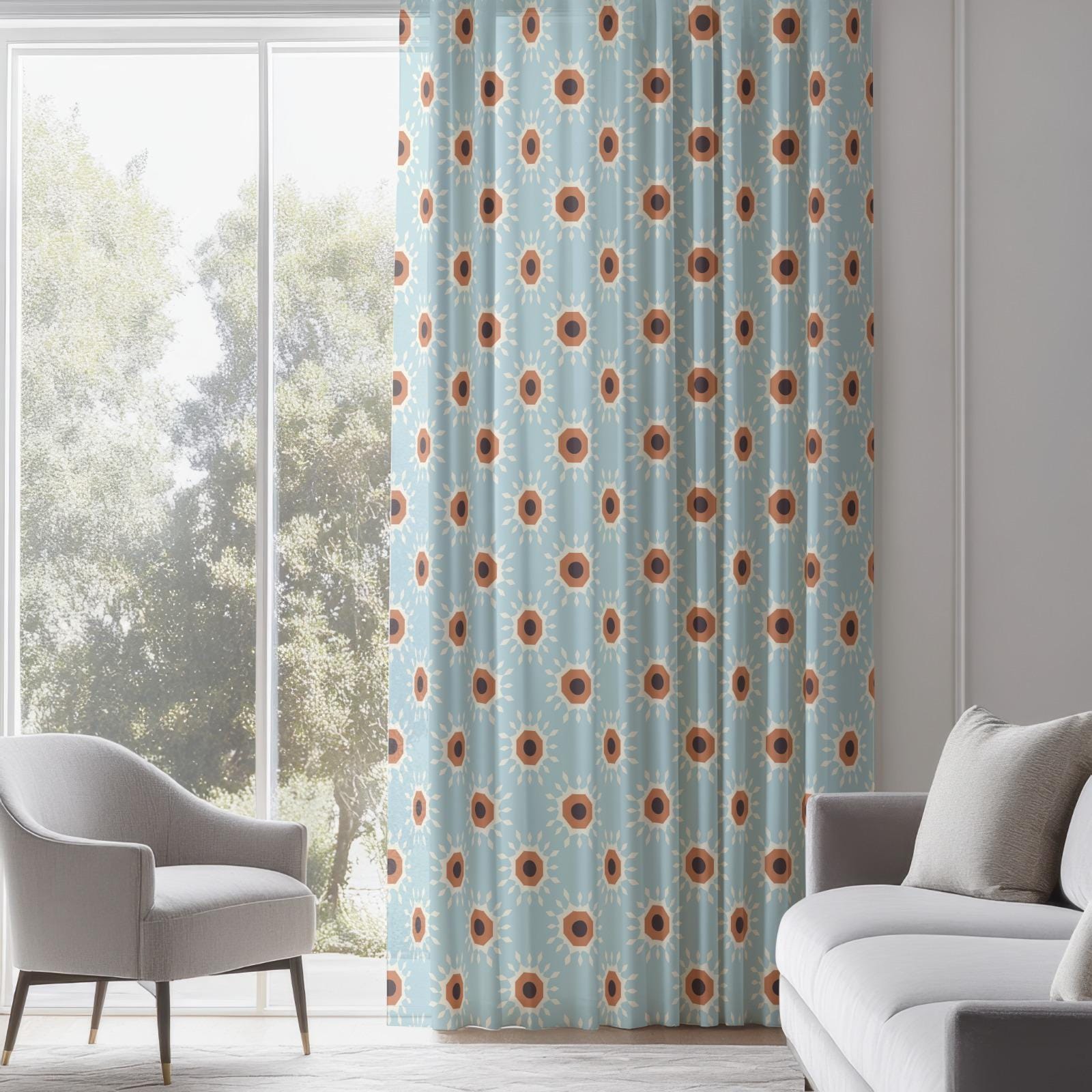 Mid Century Modern Blue Curtain Panels, 70s Retro Blue Curtains, MCM Curtain, Retro Style Window Curtains, 50s 60s Sun Curtain Panels