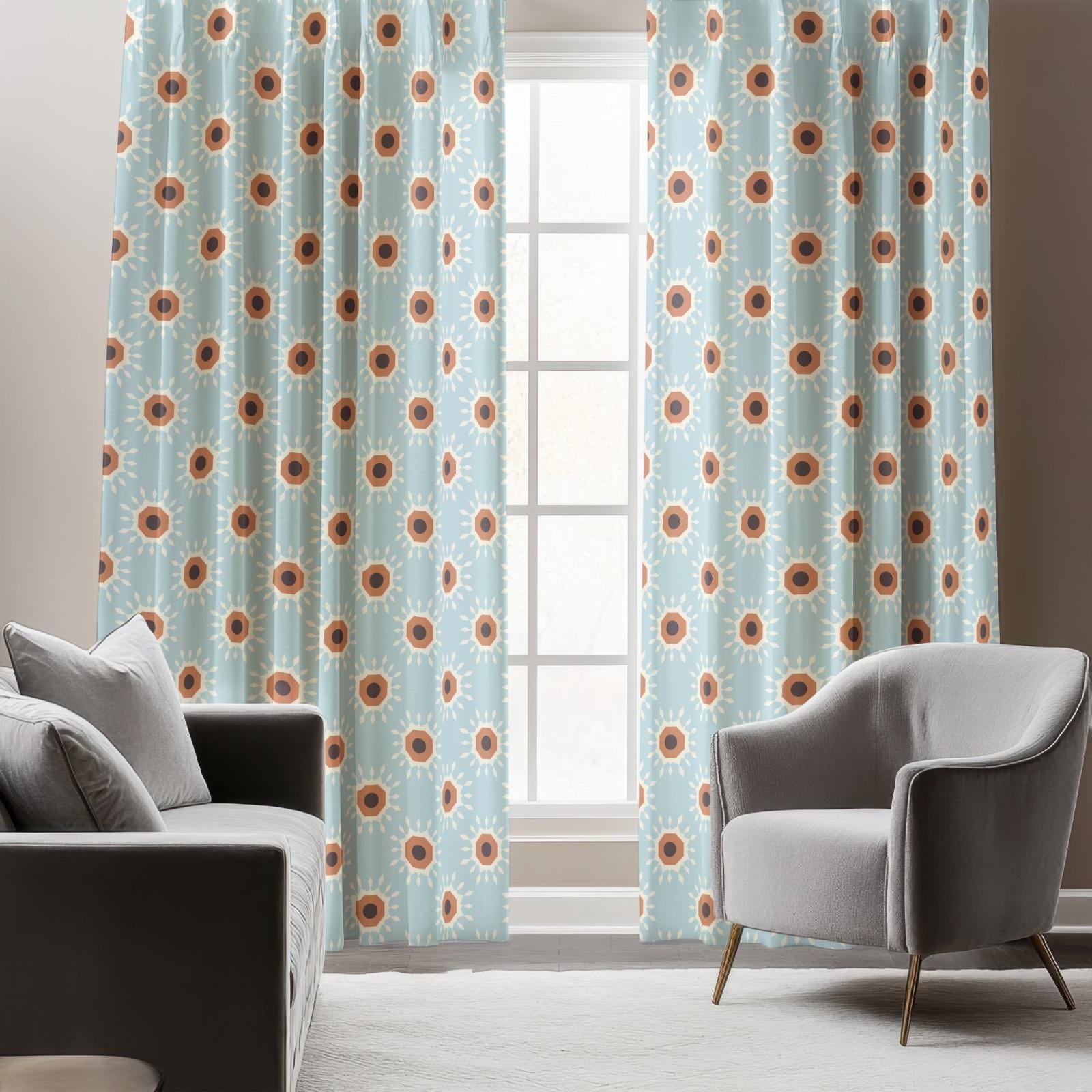 Mid Century Modern Blue Curtain Panels, 70s Retro Blue Curtains, MCM Curtain, Retro Style Window Curtains, 50s 60s Sun Curtain Panels