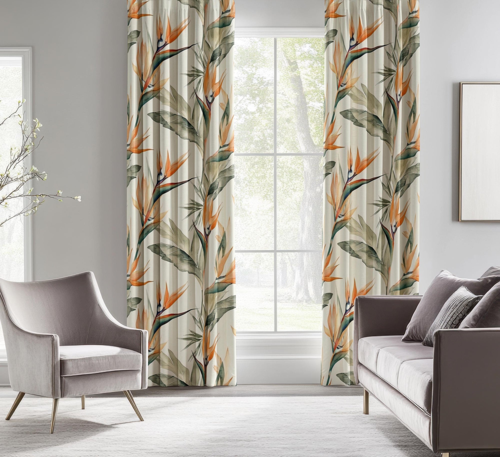 Tropic Flowers Curtains, Botanical Curtain Panels, Exotic Floral Print Curtain, Bird of Paradise Floral Window Curtains, Floral Curtains