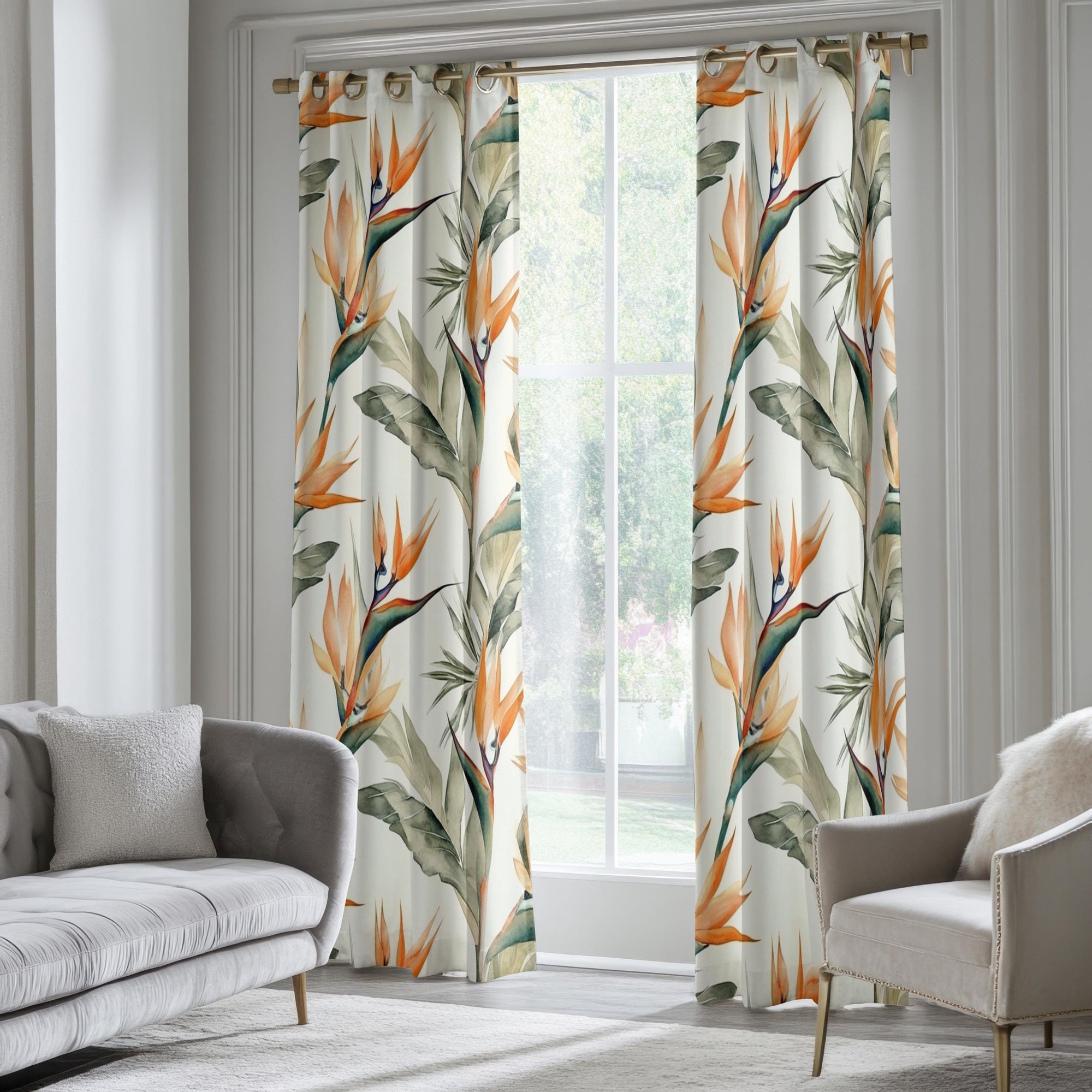Tropic Flowers Curtains, Botanical Curtain Panels, Exotic Floral Print Curtain, Bird of Paradise Floral Window Curtains, Floral Curtains
