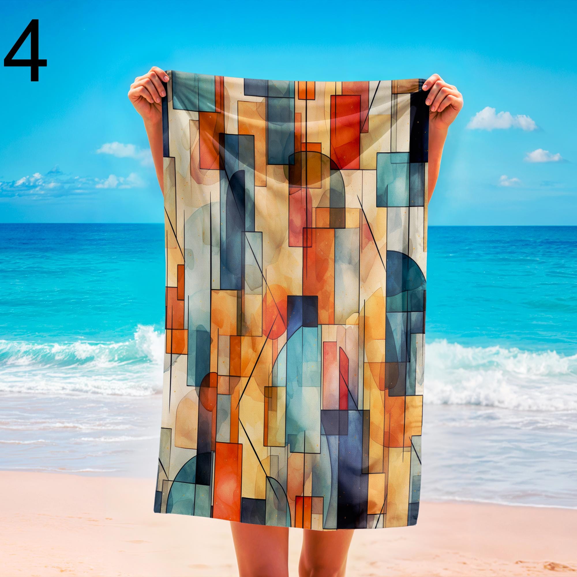 Mid-Century Modern Patterned Summer Towels for Pool, Retro Geometric Beach Towels, Beach & Travel Towels, Retro Bathroom Towel