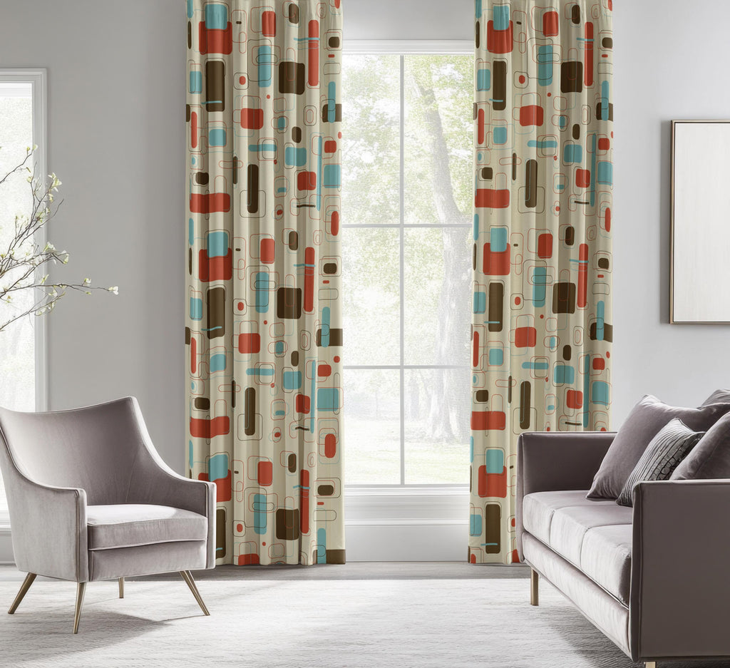 Retro Vintage Curtains, Mid Century Window Curtain, 50s 60s Retro Print Curtain Panels, MCM Curtains, 70s Retro Geometric Abstract Drapes
