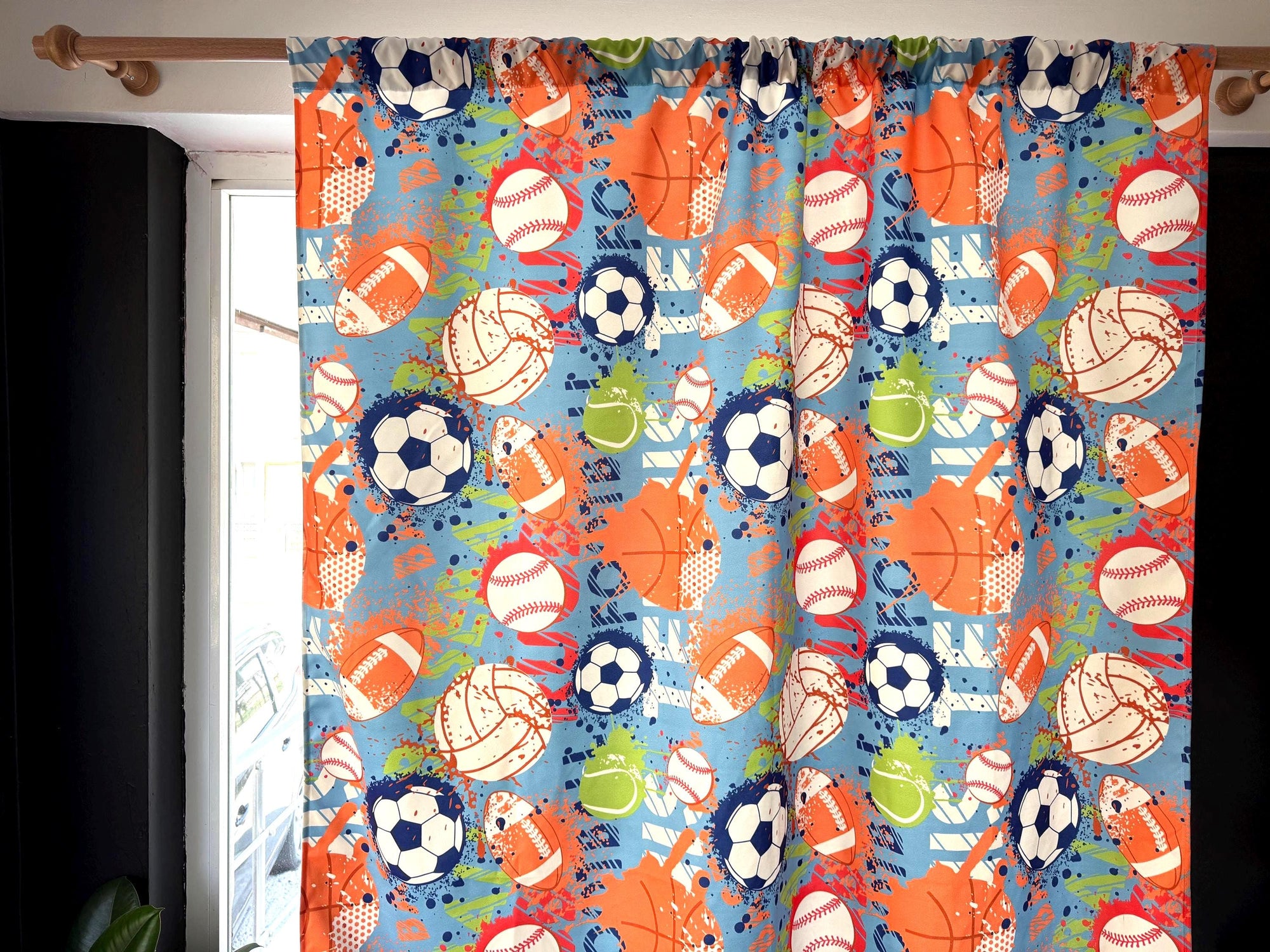 Kids Sports Theme Curtains, Boys Room Window Panels, Football Soccer Baseball Basketball Drapes, Playroom Curtain Panels