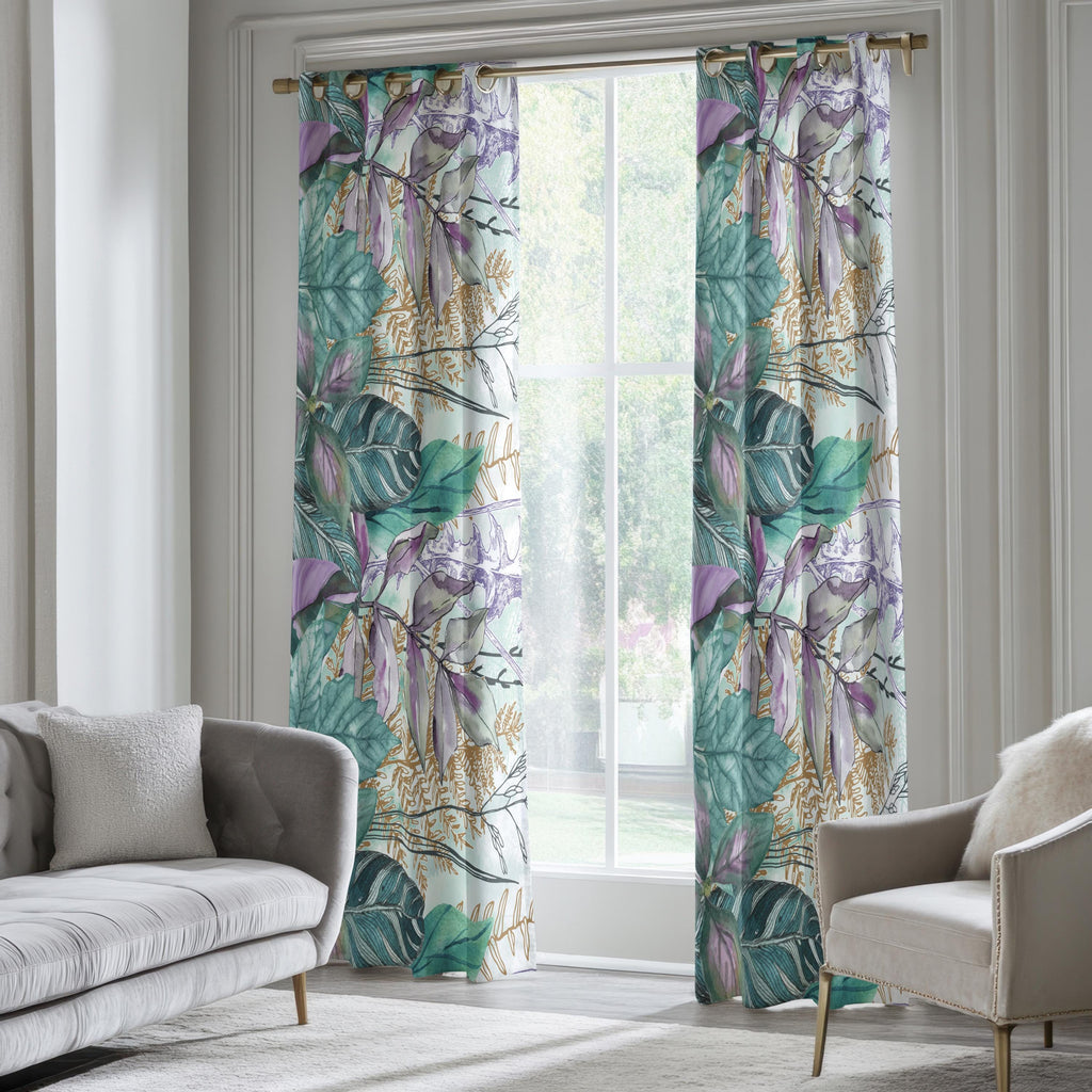 Tropical Abstract Curtains, Green Purple Leaves Curtain Panels, Tropic Leaves Curtains, Botanical Window Curtain, Exotic Leaf Print Curtains