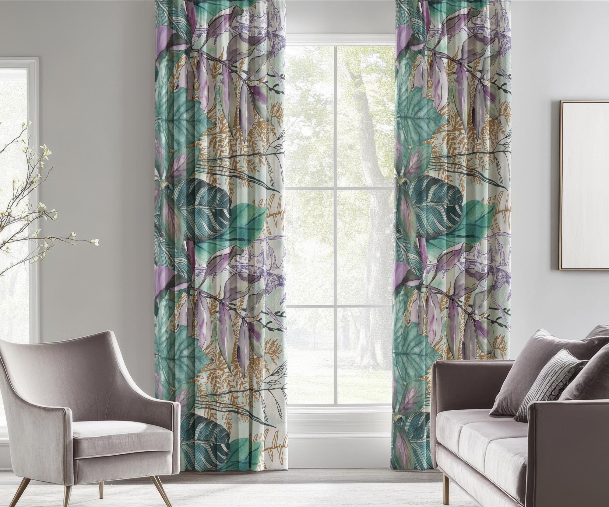 Tropical Abstract Curtains, Green Purple Leaves Curtain Panels, Tropic Leaves Curtains, Botanical Window Curtain, Exotic Leaf Print Curtains