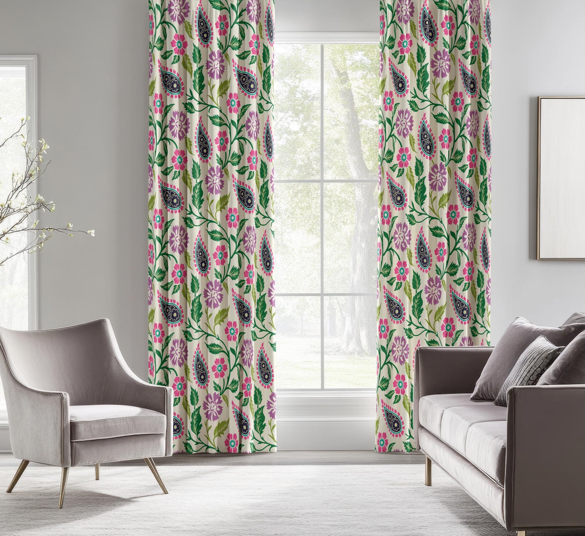 Floral Paisley Print Curtains, Boho Flowers Curtain Panel, Paisley Botanical Drapes, Pink Green Purple Paisley Floral Window Panel