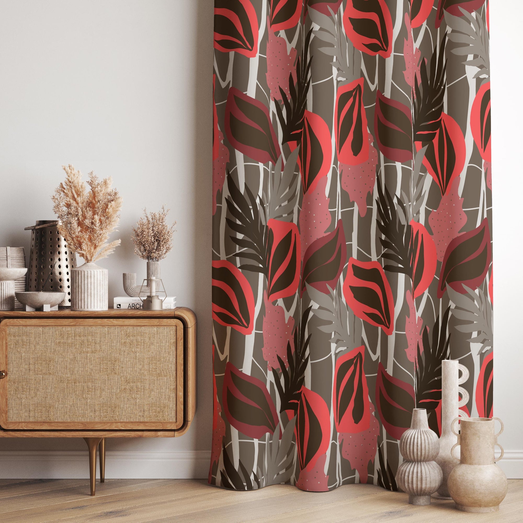 Tropical Leaf Curtain Panels, Botanical Window Drapes, Exotic Plants Curtains, Tropical Leaves Grommet Panels, Botanical Leaf Curtain