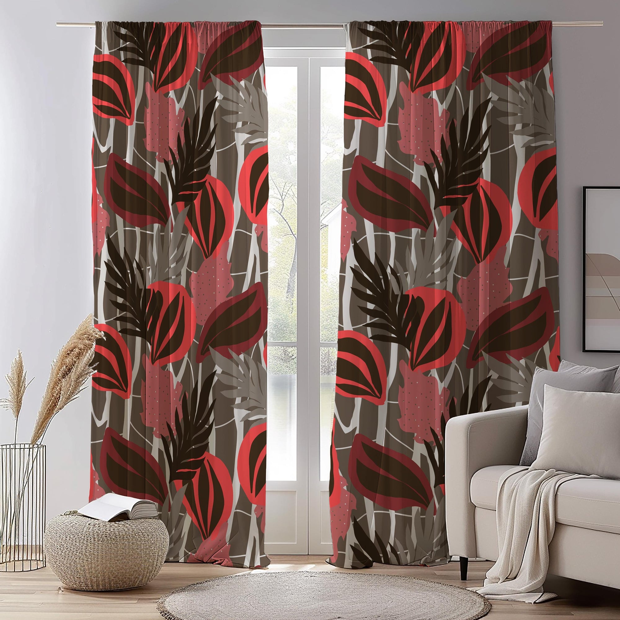 Tropical Leaf Curtain Panels, Botanical Window Drapes, Exotic Plants Curtains, Tropical Leaves Grommet Panels, Botanical Leaf Curtain