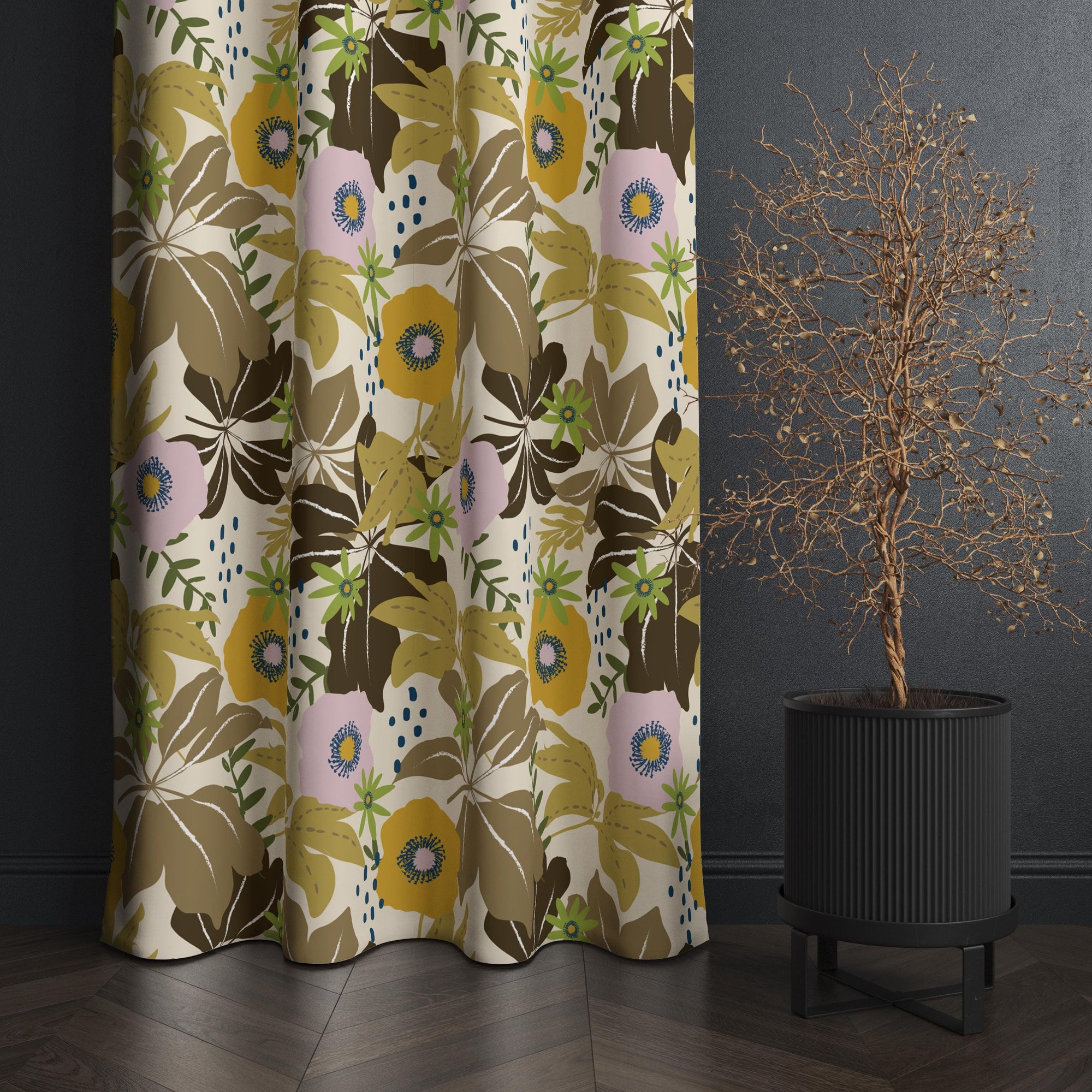 Vintage Style Flowers Curtain Panels, Exotic Floral Living Room Window Panel, Botanical Floral Curtains, Retro Vintage Style Flower Drapes