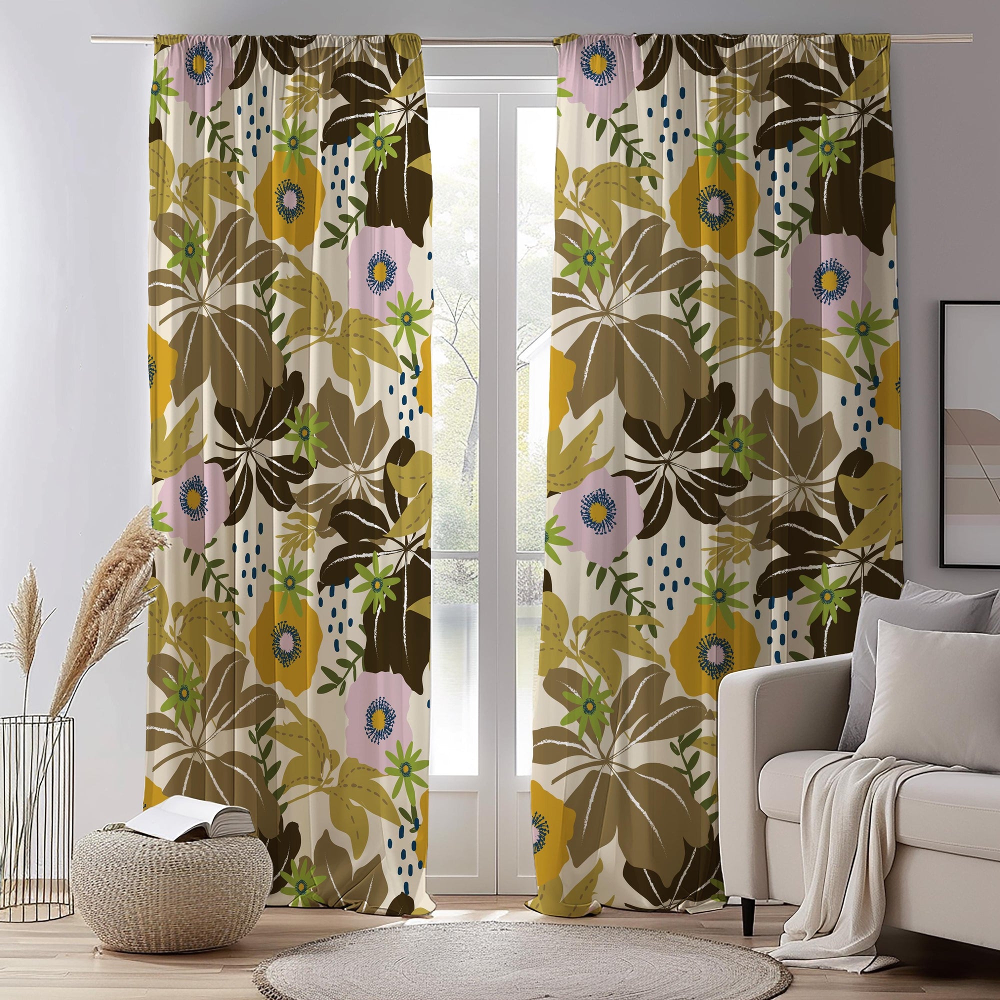 Vintage Style Flowers Curtain Panels, Exotic Floral Living Room Window Panel, Botanical Floral Curtains, Retro Vintage Style Flower Drapes