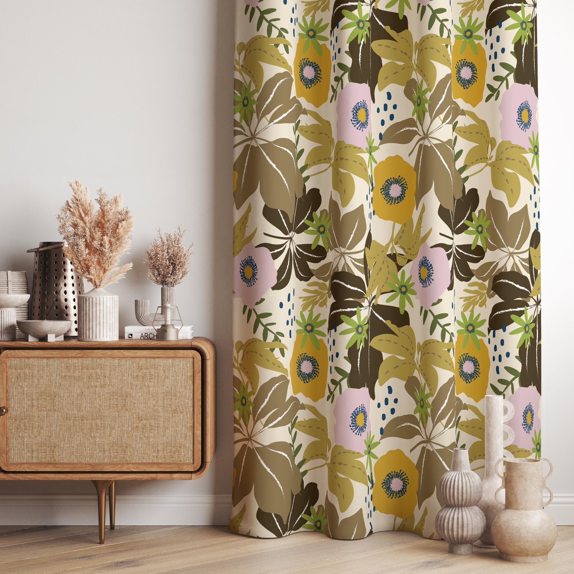 Vintage Style Flowers Curtain Panels, Exotic Floral Living Room Window Panel, Botanical Floral Curtains, Retro Vintage Style Flower Drapes