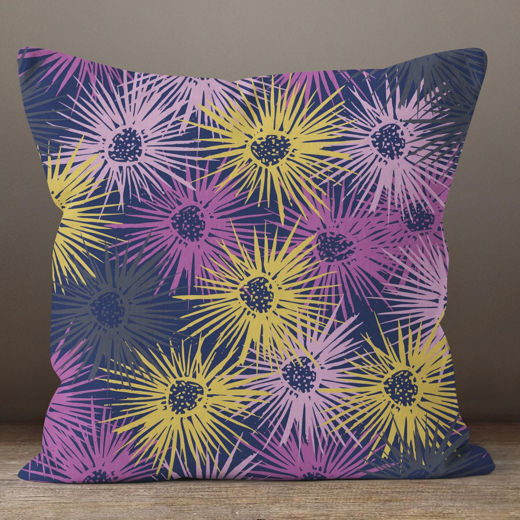 Purple Yellow Outdoor Waterproof Pillow Covers, Bold Floral Geometric Cushion Covers, Indoor Outdoor Puple Home Decor