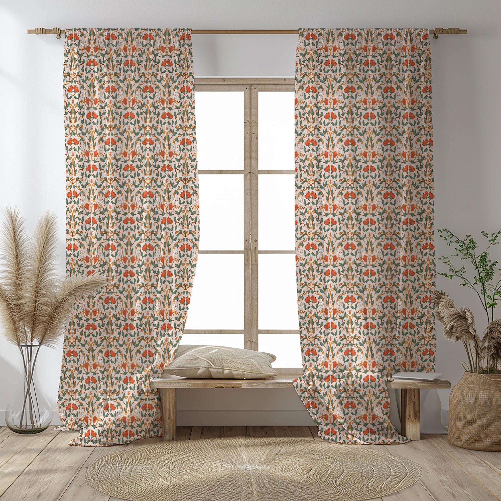 Retro Floral Curtains, 70s Hand Drawn Flower Drapes, 70s Boho Floral Curtain Panels, Mid Century Retro Flowers Window Print Curtains