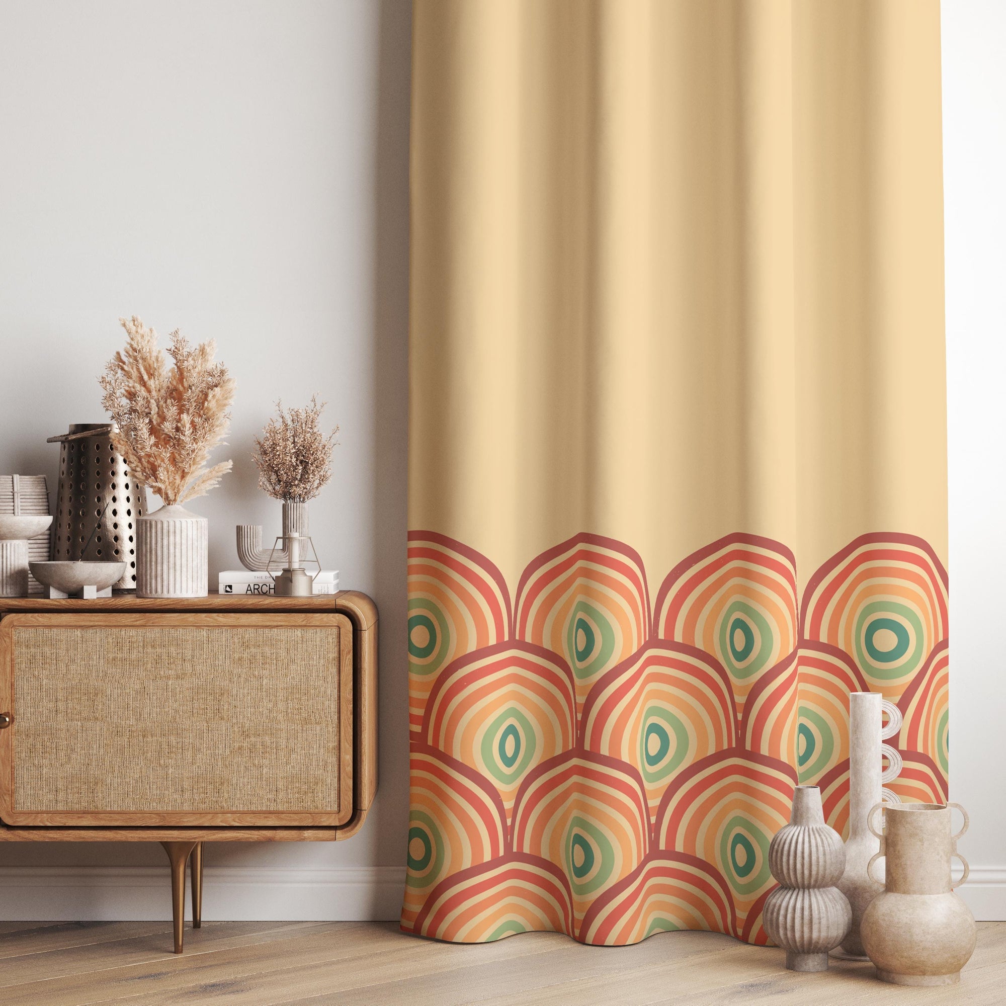 Retro Rainbow Window Curtains, Mid Century Modern Grommet Curtain, 70s Groovy Lines Curtain, Retro Abstract Style Living Room Drapes