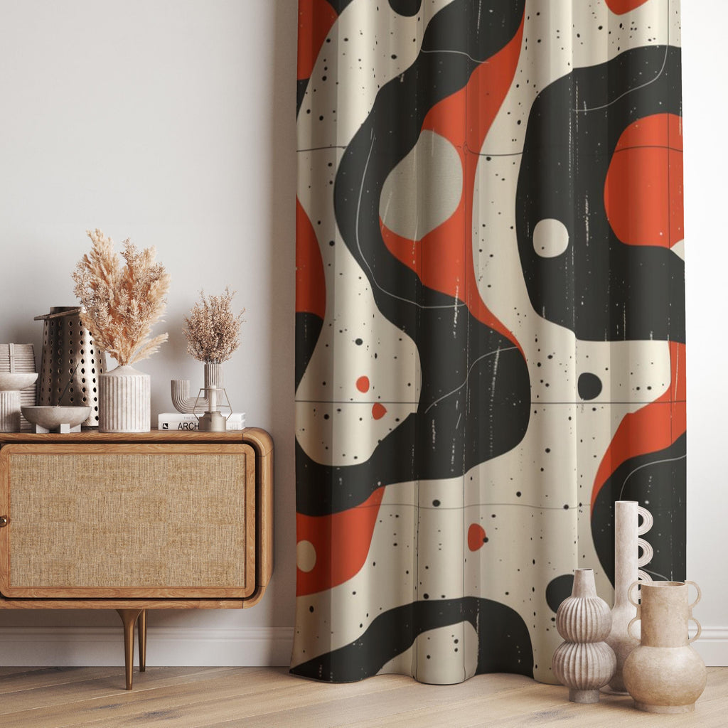 Mid Century Wavy Curtains, Retro Black Red Wavy Abstract Curtains, 60s Retro Abstract Curtain, 70s Retro Grommet Curtain Panels, MCM Drapes