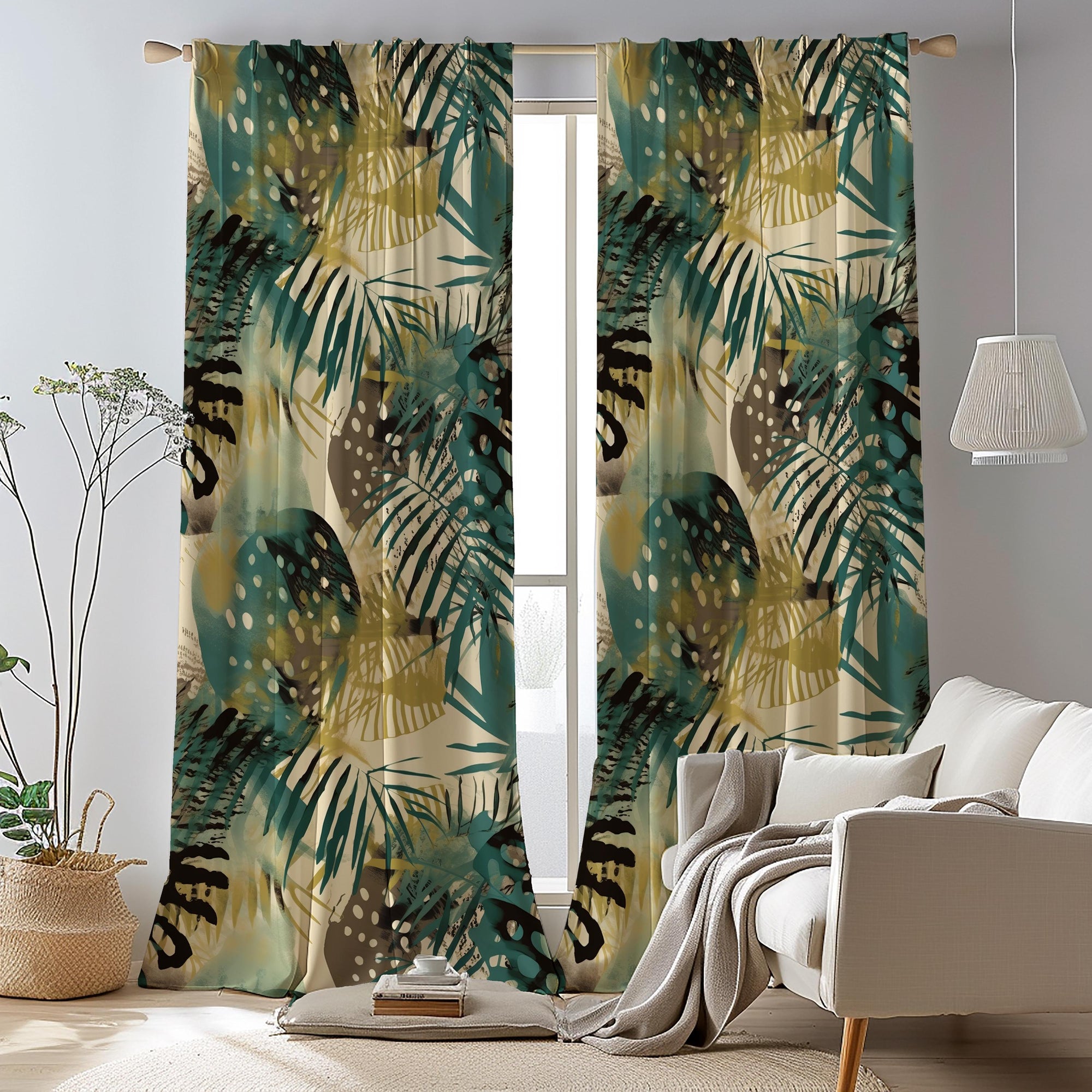 Tropical Abstract Leaf Curtain, Botanical Curtains, Tropic Green Leaves Grommet Curtains,  Exotic Leaf Curtain Panels, Botanical Drapes