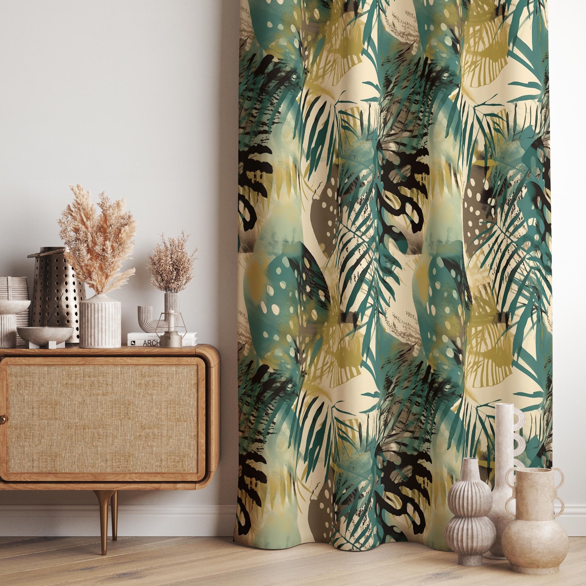 Tropical Abstract Leaf Curtain, Botanical Curtains, Tropic Green Leaves Grommet Curtains,  Exotic Leaf Curtain Panels, Botanical Drapes