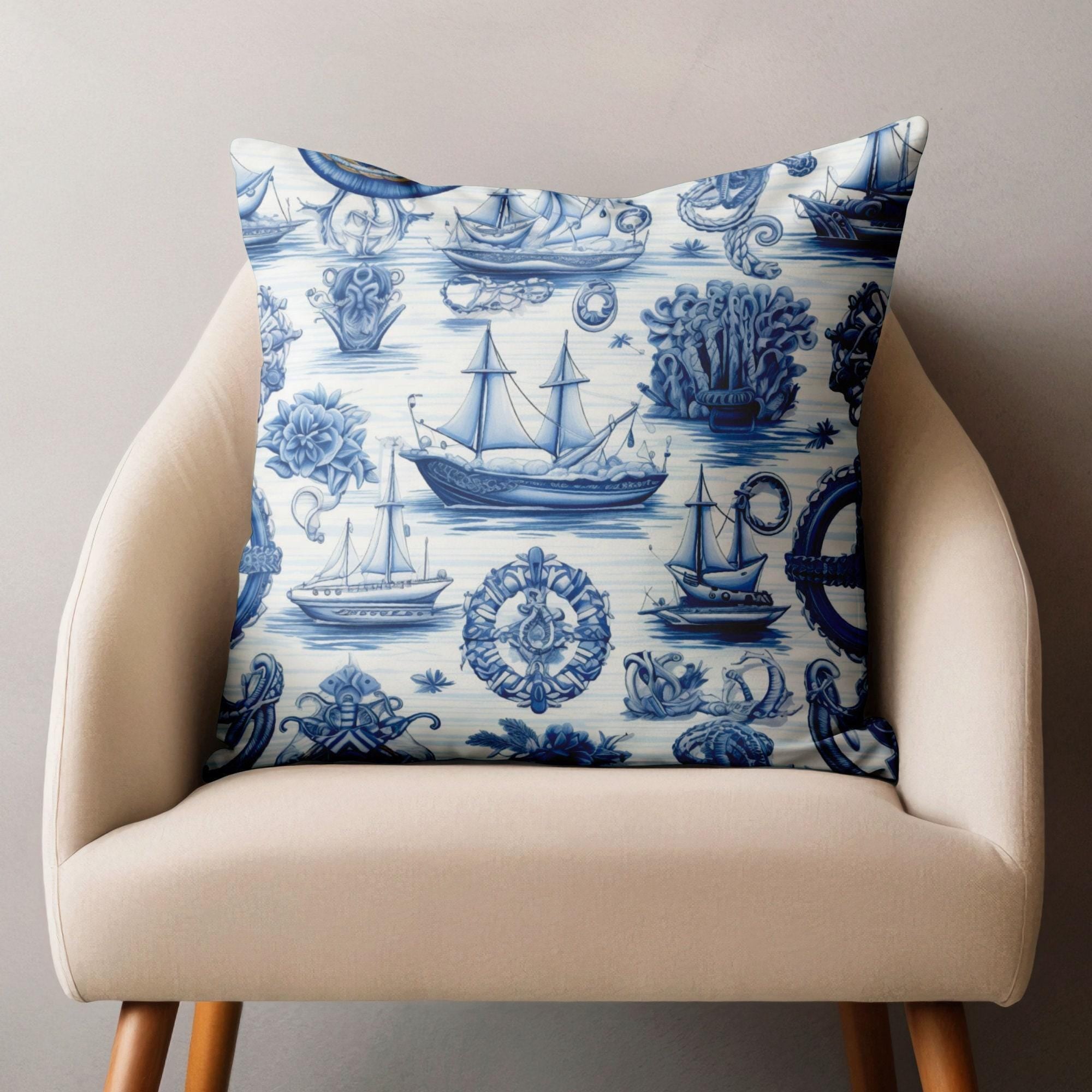 Ocean Theme İndoor/Outdoor Cushion Covers, Sailboat Decorative Pillow Covers, Blue Sea Throw Pillow Cases, Waterproff Coastal Outdoor Decor