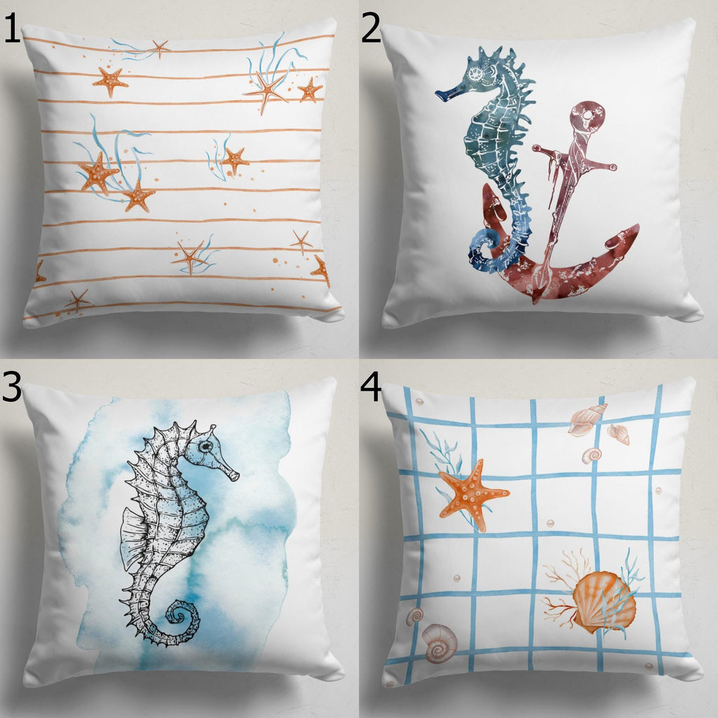 Coastal Sea Life Pillow Covers, Nautical Ocean Animal Cushion Cover, Seahorse Jellyfish Turtle Home Decor, Beach House Throw Pillow Covers