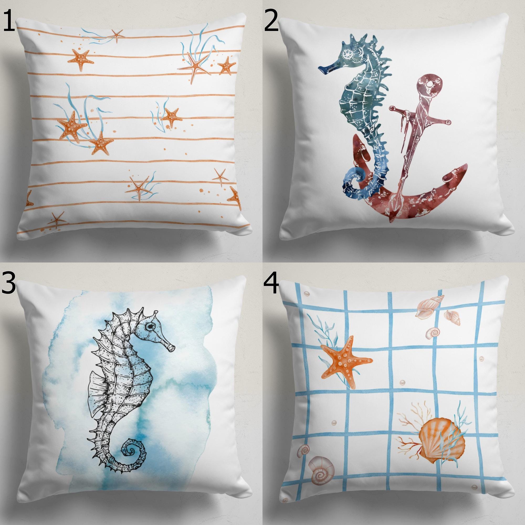 Coastal Sea Life Pillow Covers, Nautical Ocean Animal Cushion Cover, Seahorse Jellyfish Turtle Home Decor, Beach House Throw Pillow Covers