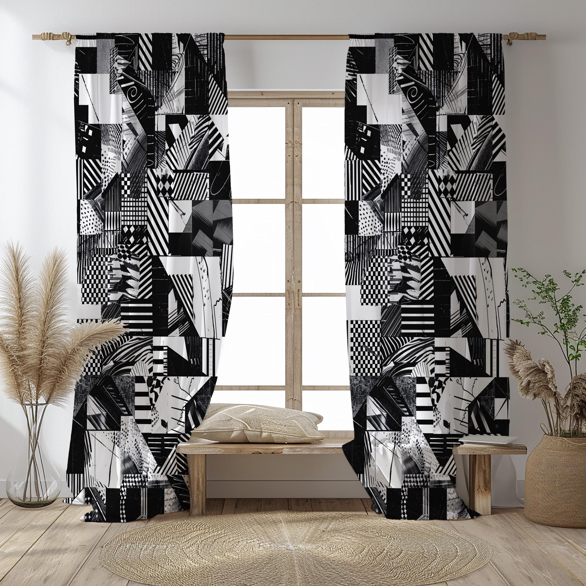 Black Curtain Panels, Retro Geometric Abstract Curtain, Black Abstract Retro Style Curtain, MCM Dark Gray Curtain, Black Bauhaus Drapes