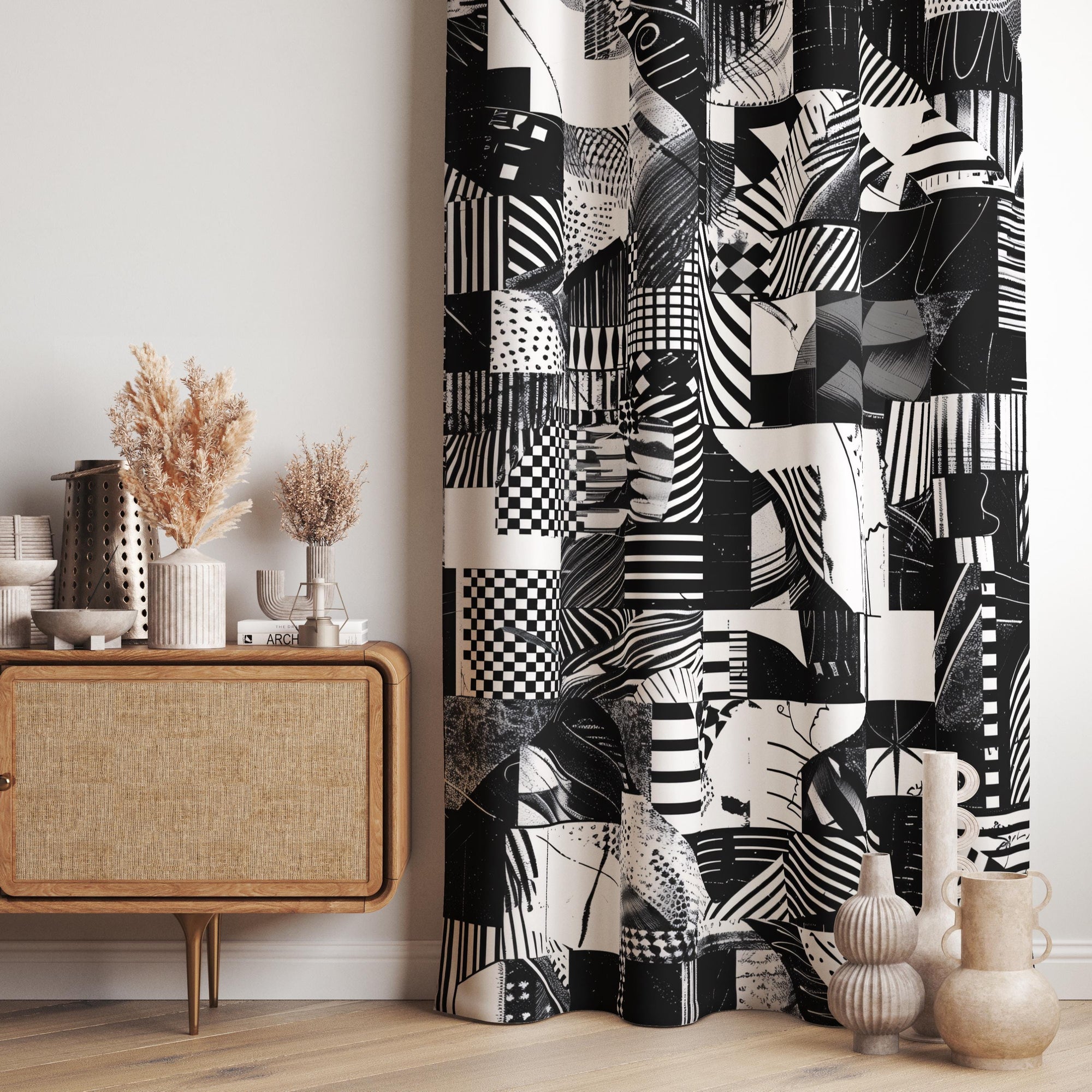 Black Curtain Panels, Retro Geometric Abstract Curtain, Black Abstract Retro Style Curtain, MCM Dark Gray Curtain, Black Bauhaus Drapes