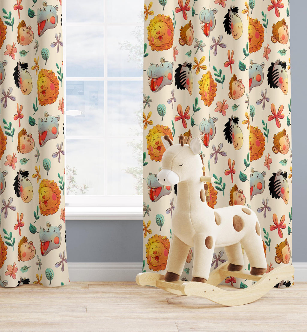 Cute Animals Print Curtain, Kids Room Drapes, Cute Safari Nursery Curtain, Cartoon Animal Art Window Curtain Panels, Toddler Print Drapes,